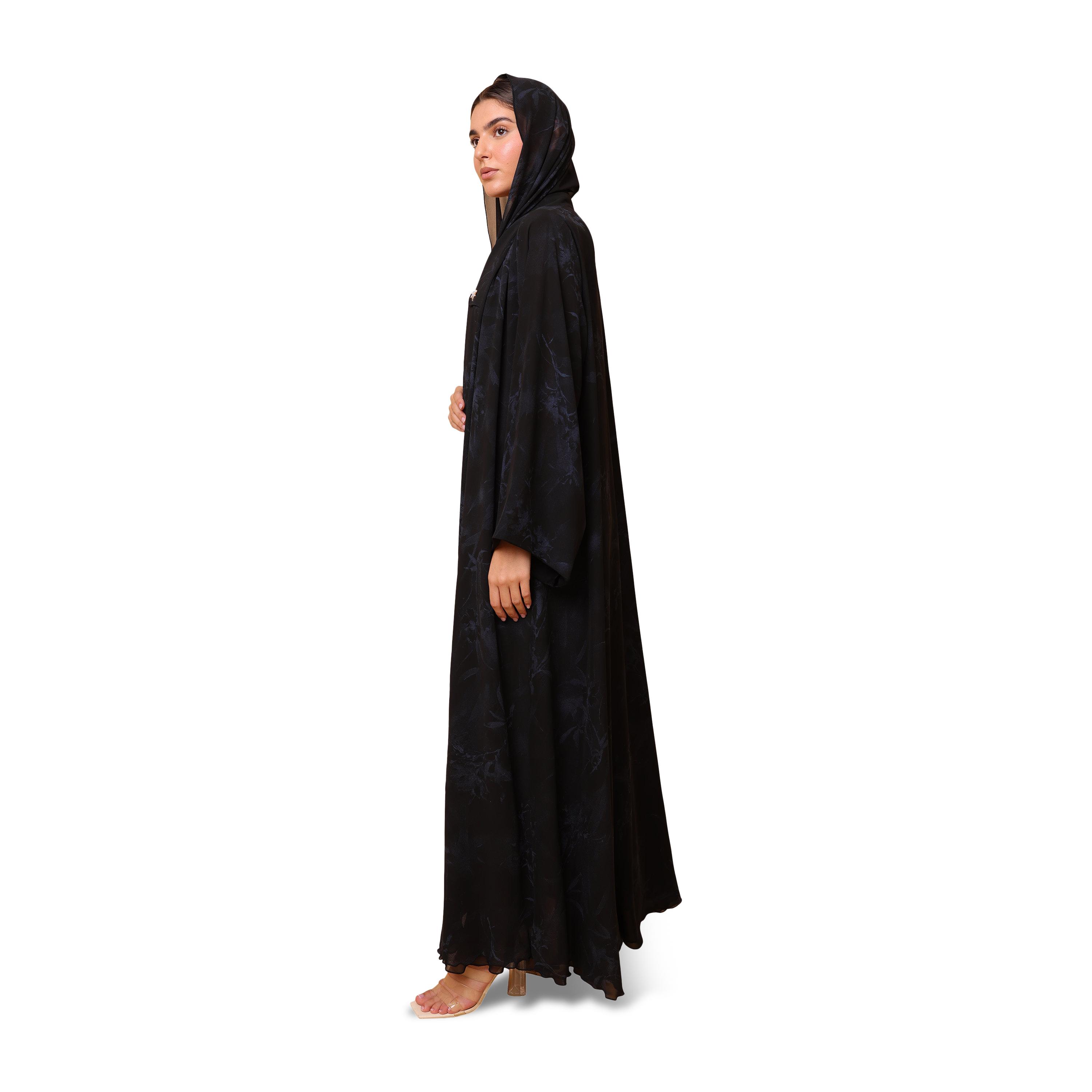 IKKXA Blue Floral Print Flared Sleeves Chiffon Women's Abaya with Hijab-women-arabicclothing-abayas-image-4