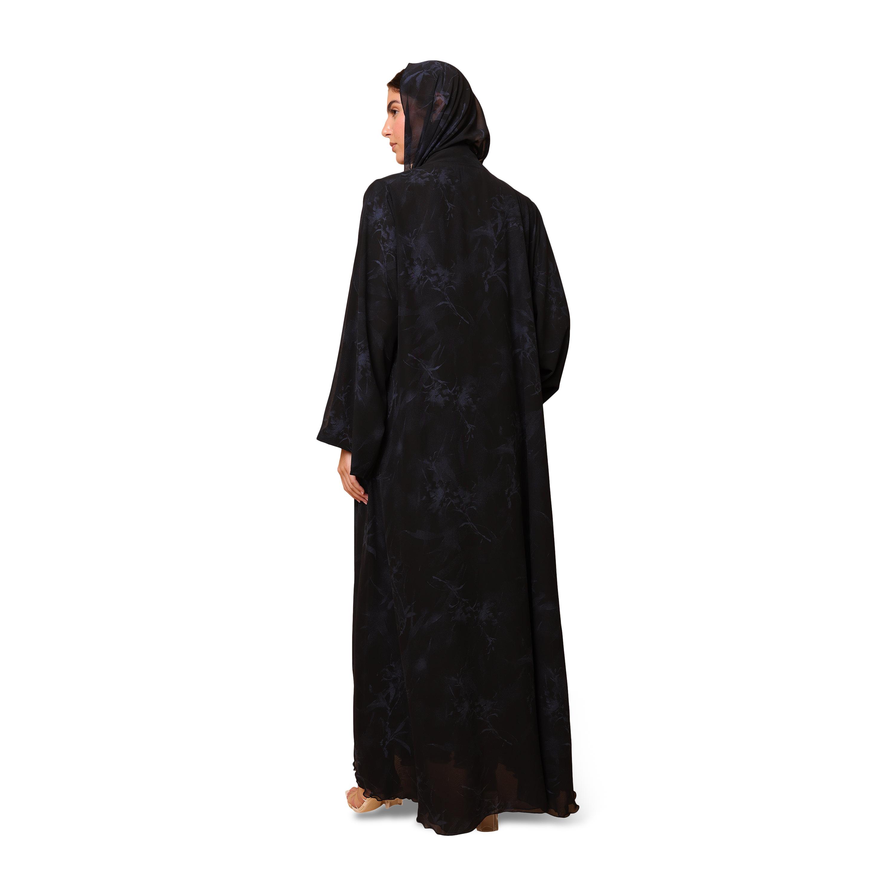 IKKXA Blue Floral Print Flared Sleeves Chiffon Women's Abaya with Hijab-women-arabicclothing-abayas-image-5