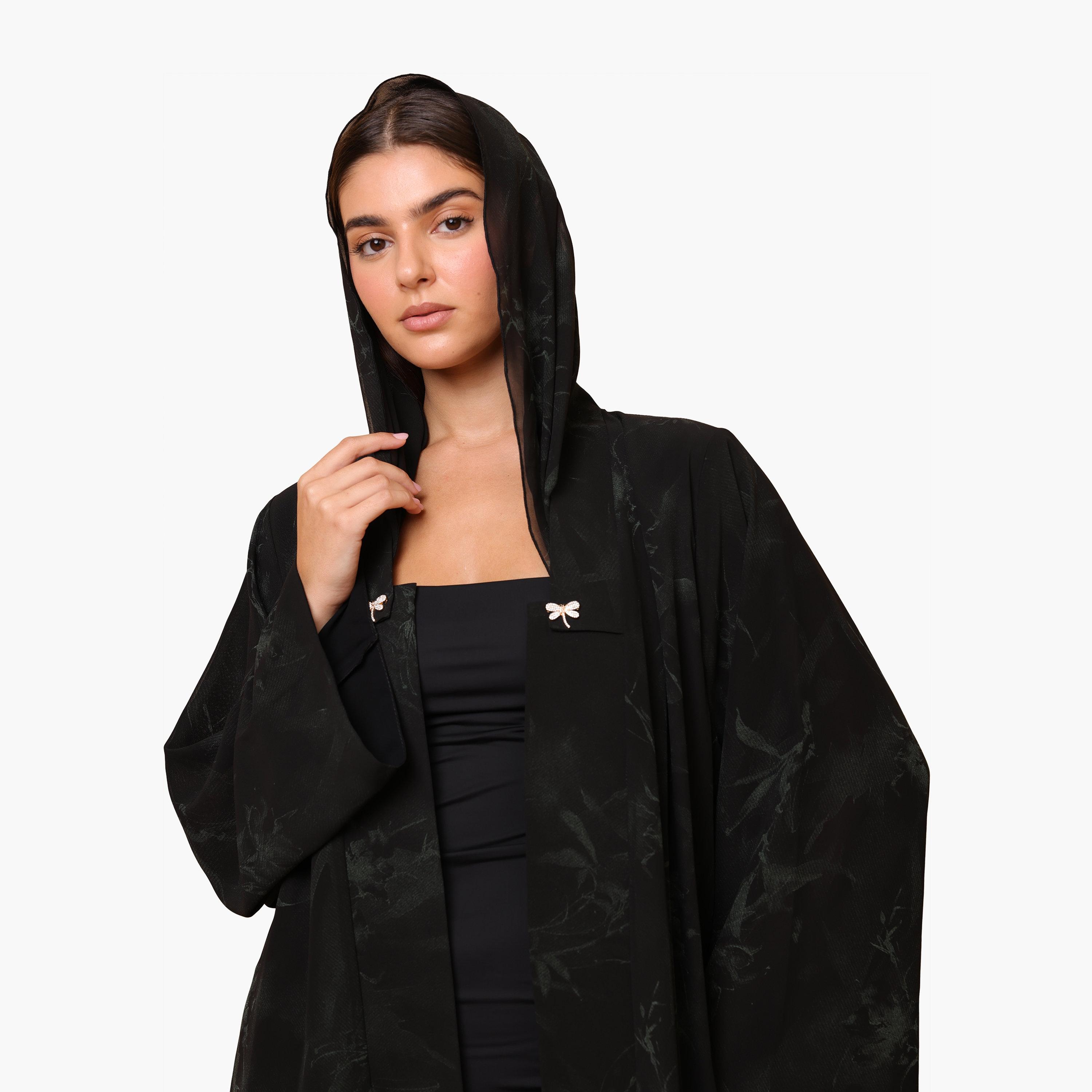 عباية نسائية خضراء بطبعة زهور بأكمام واسعة من الشيفون مع حجاب من إككسا-women-arabicclothing-abayas-image-2