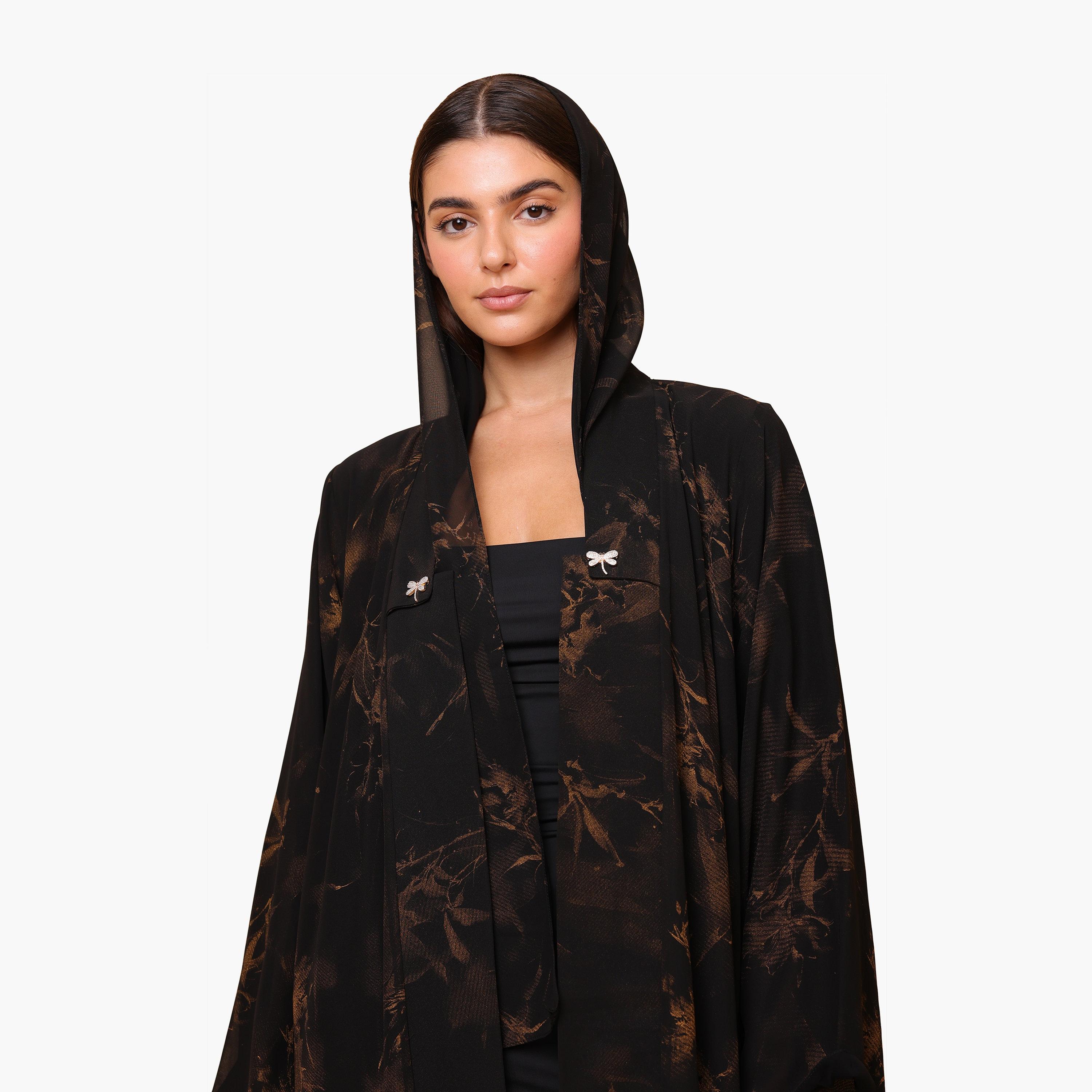 عباية نسائية برتقالية بطبعة زهور بأكمام واسعة من الشيفون مع حجاب من إككسا-women-arabicclothing-abayas-image-2