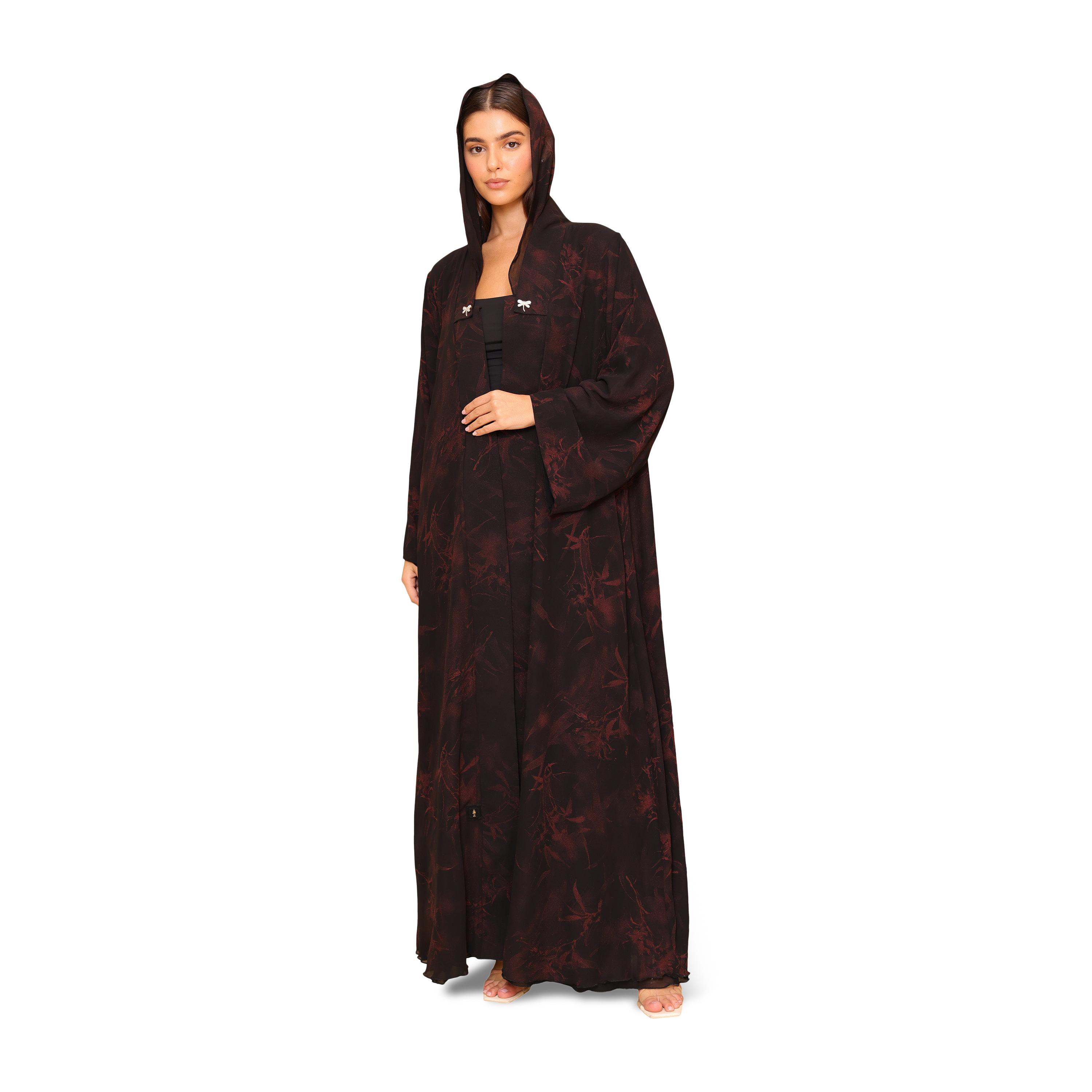 عباية نسائية حمراء بطبعة زهور بأكمام واسعة من الشيفون مع حجاب من إككسا-women-arabicclothing-abayas-image-1