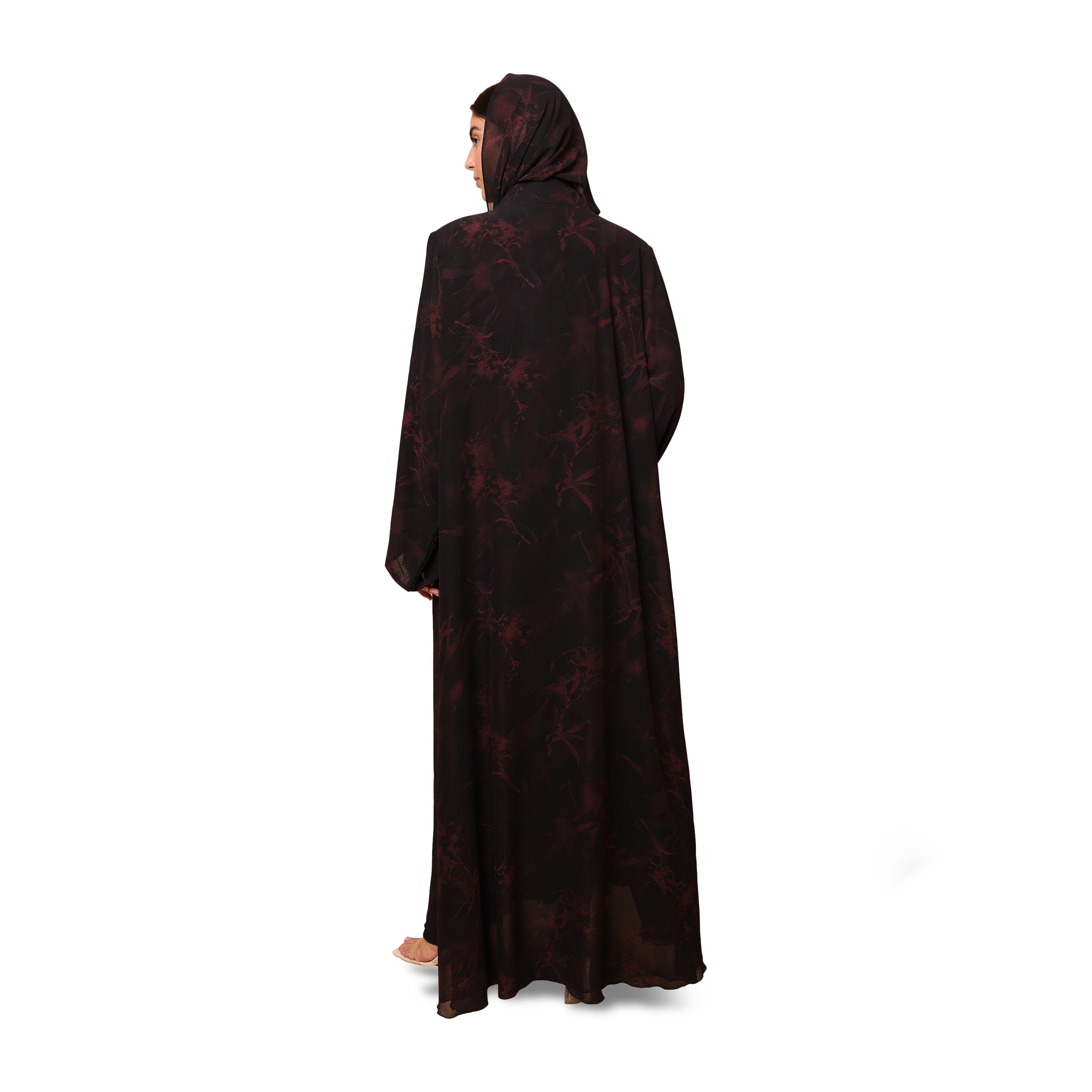 عباية نسائية حمراء بطبعة زهور بأكمام واسعة من الشيفون مع حجاب من إككسا-women-arabicclothing-abayas-image-5