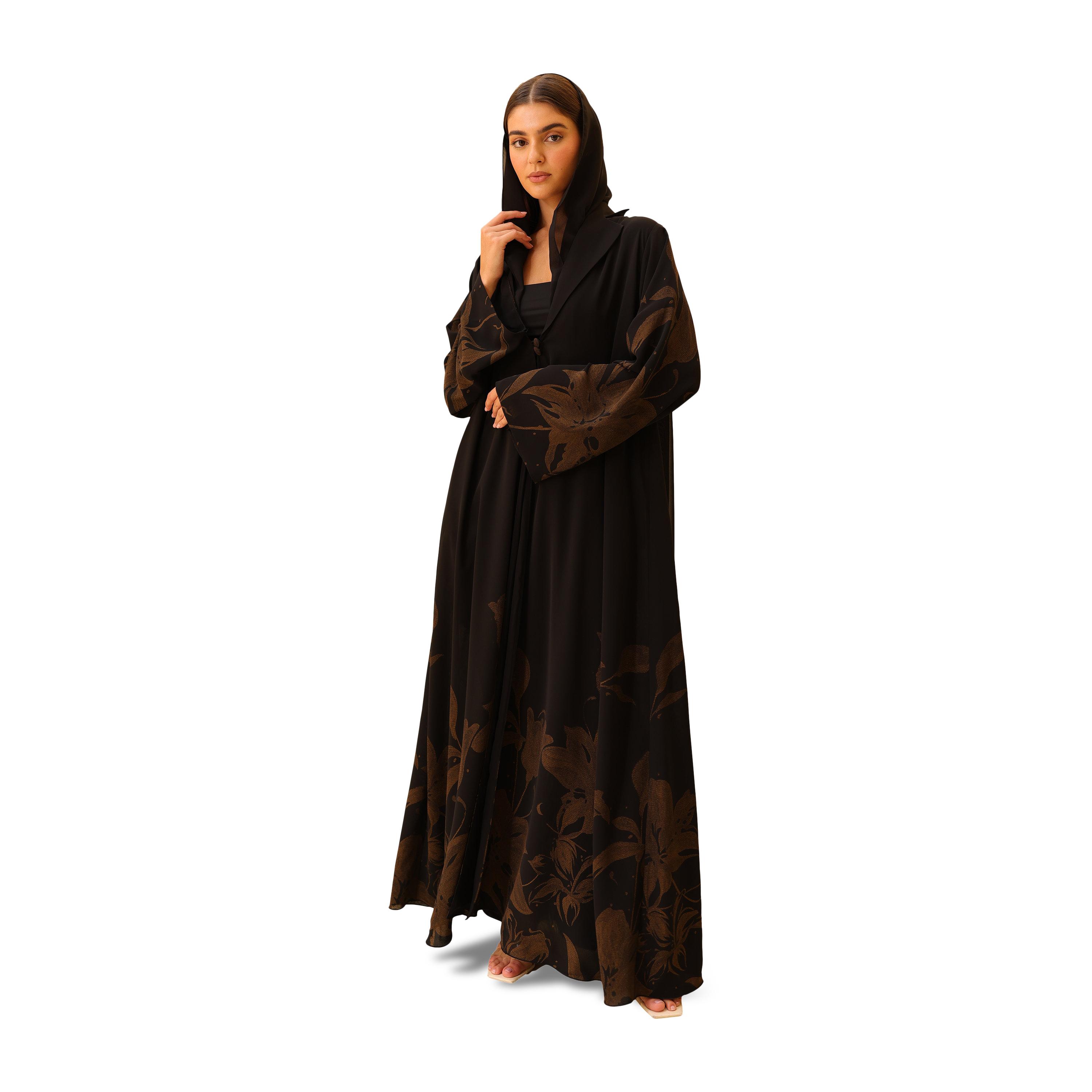 IKKXA Black Floral Print Lapel Collar Flared Sleeves Chiffon Women's Abaya with Hijab-women-arabicclothing-abayas-image-1
