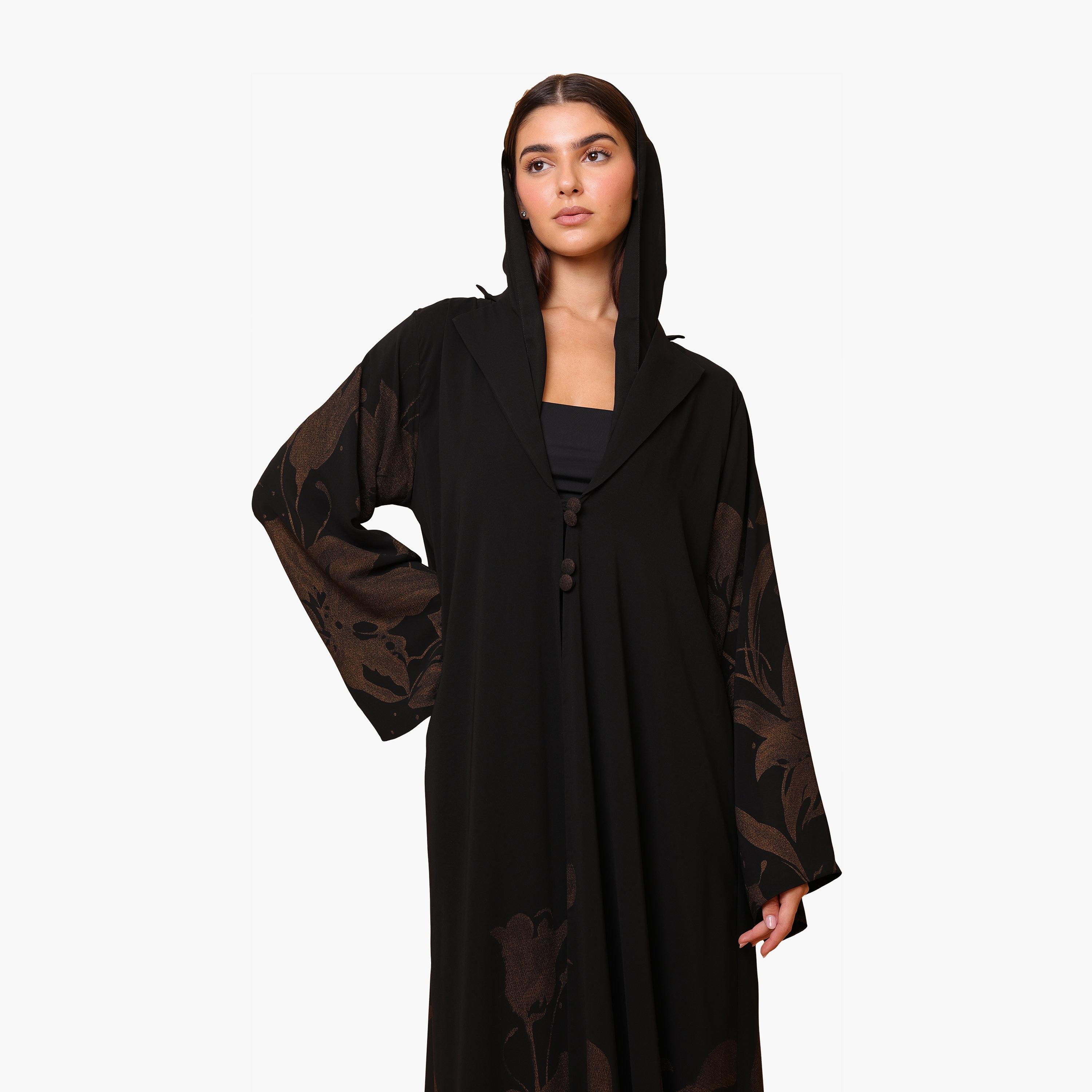 IKKXA Black Floral Print Lapel Collar Flared Sleeves Chiffon Women's Abaya with Hijab-women-arabicclothing-abayas-image-2