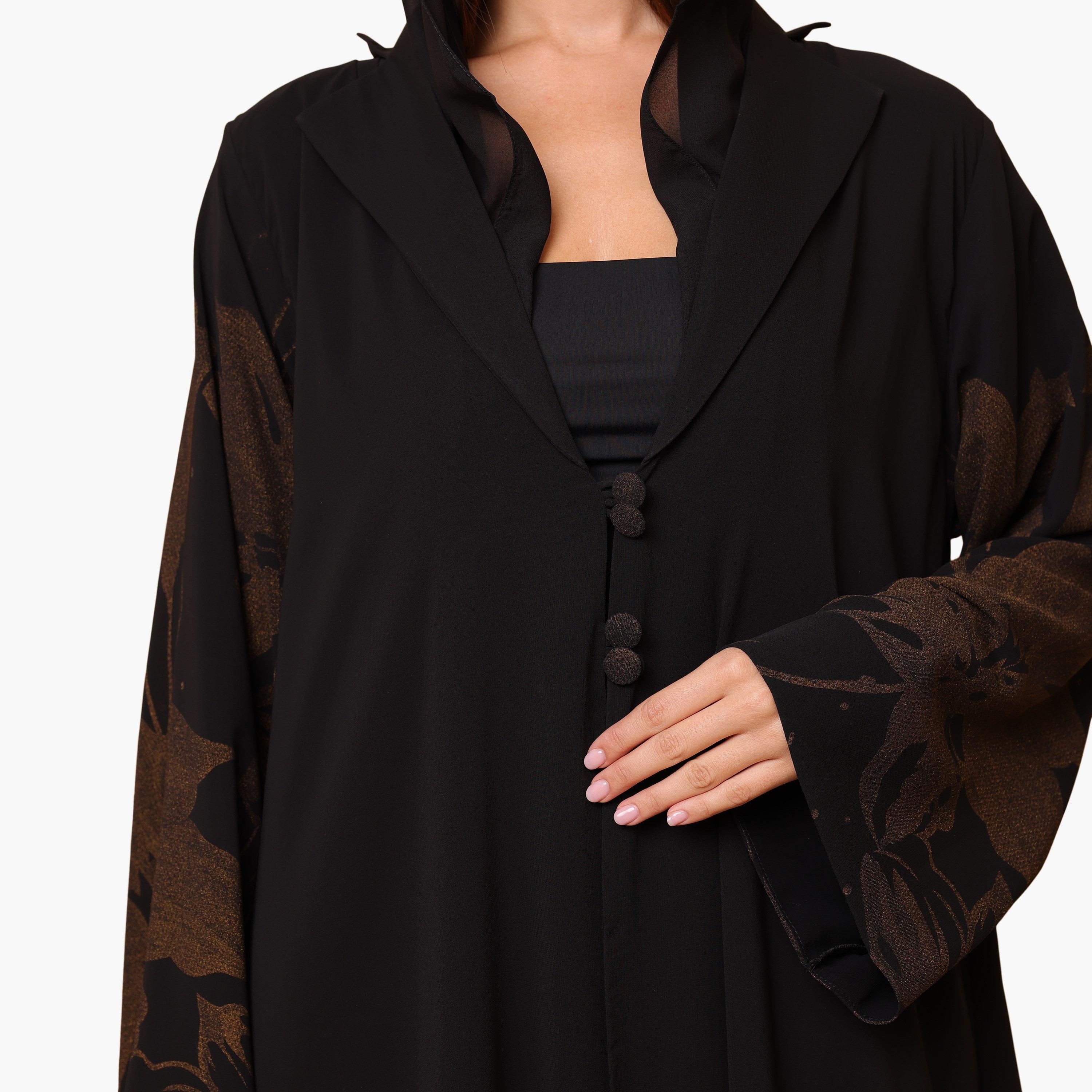 IKKXA Black Floral Print Lapel Collar Flared Sleeves Chiffon Women's Abaya with Hijab-women-arabicclothing-abayas-image-3