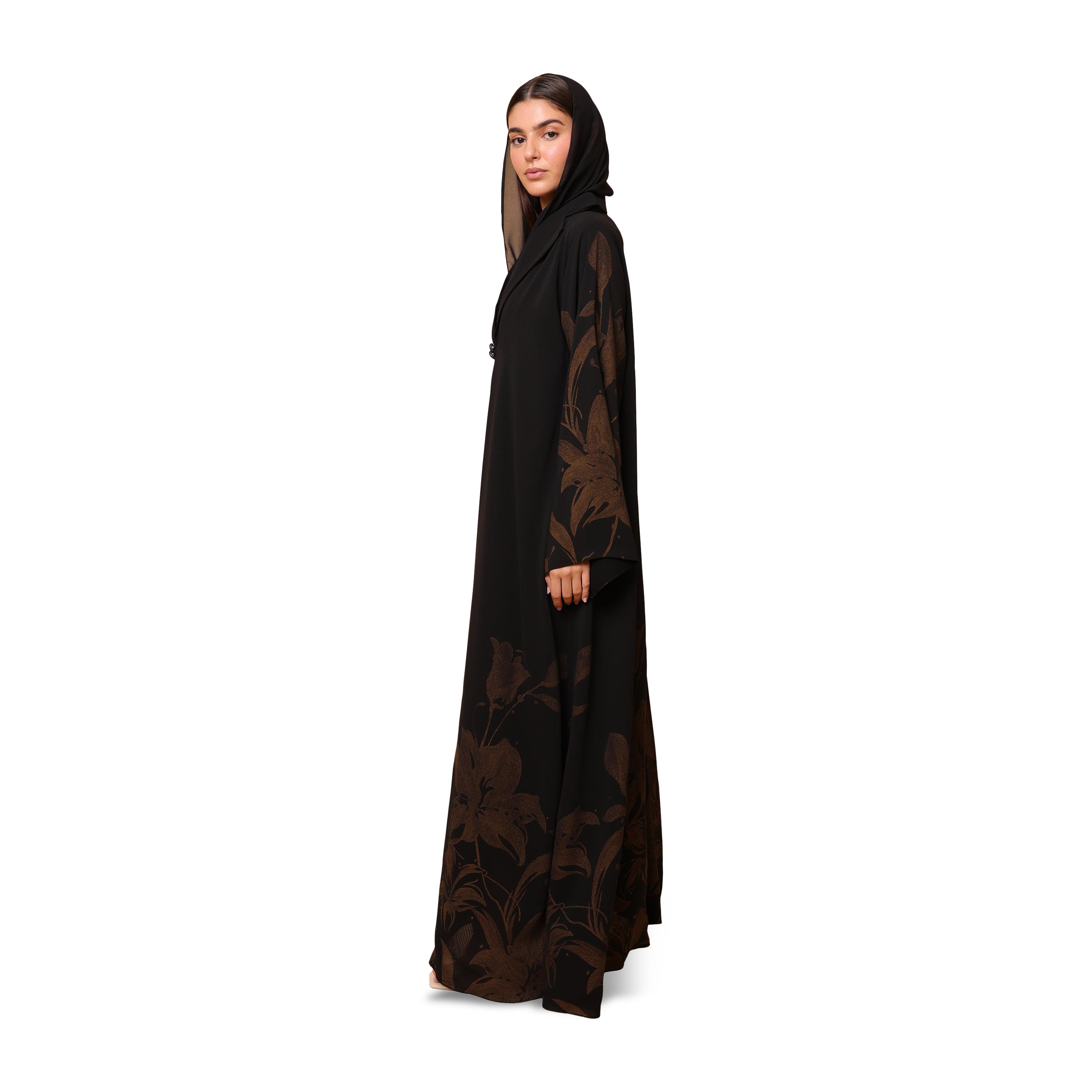 IKKXA Black Floral Print Lapel Collar Flared Sleeves Chiffon Women's Abaya with Hijab-women-arabicclothing-abayas-image-4