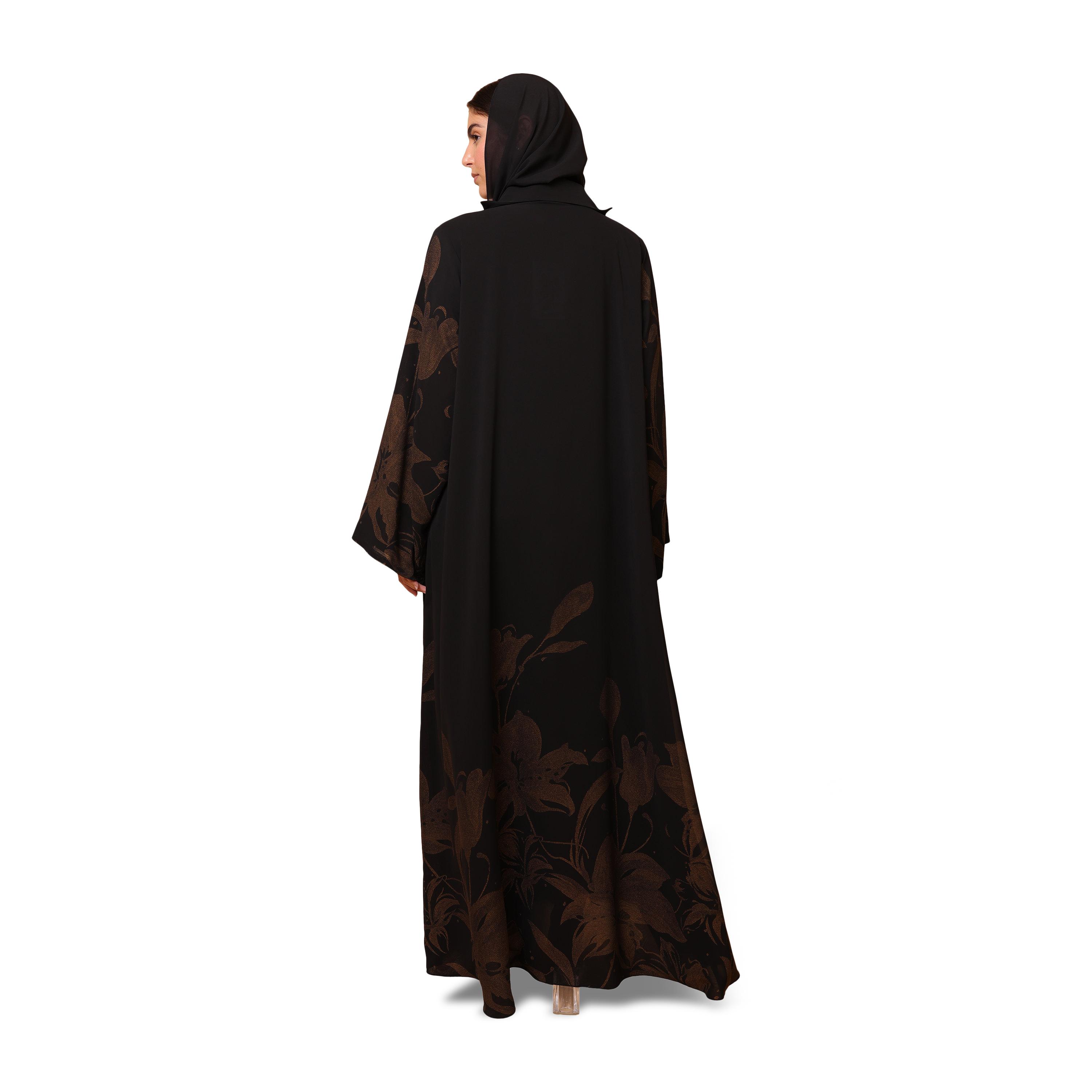 IKKXA Black Floral Print Lapel Collar Flared Sleeves Chiffon Women's Abaya with Hijab-women-arabicclothing-abayas-image-5