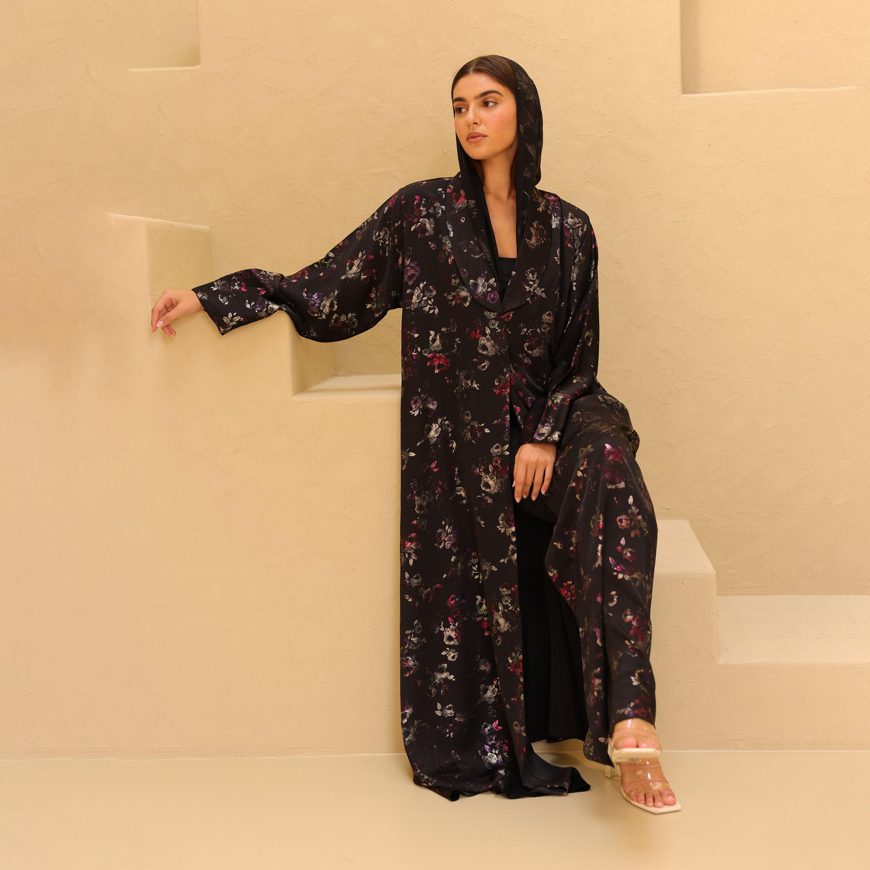 IKKXA Black Floral Print Lapel Collar Women's Abaya with Hijab-women-arabicclothing-abayas-image-1