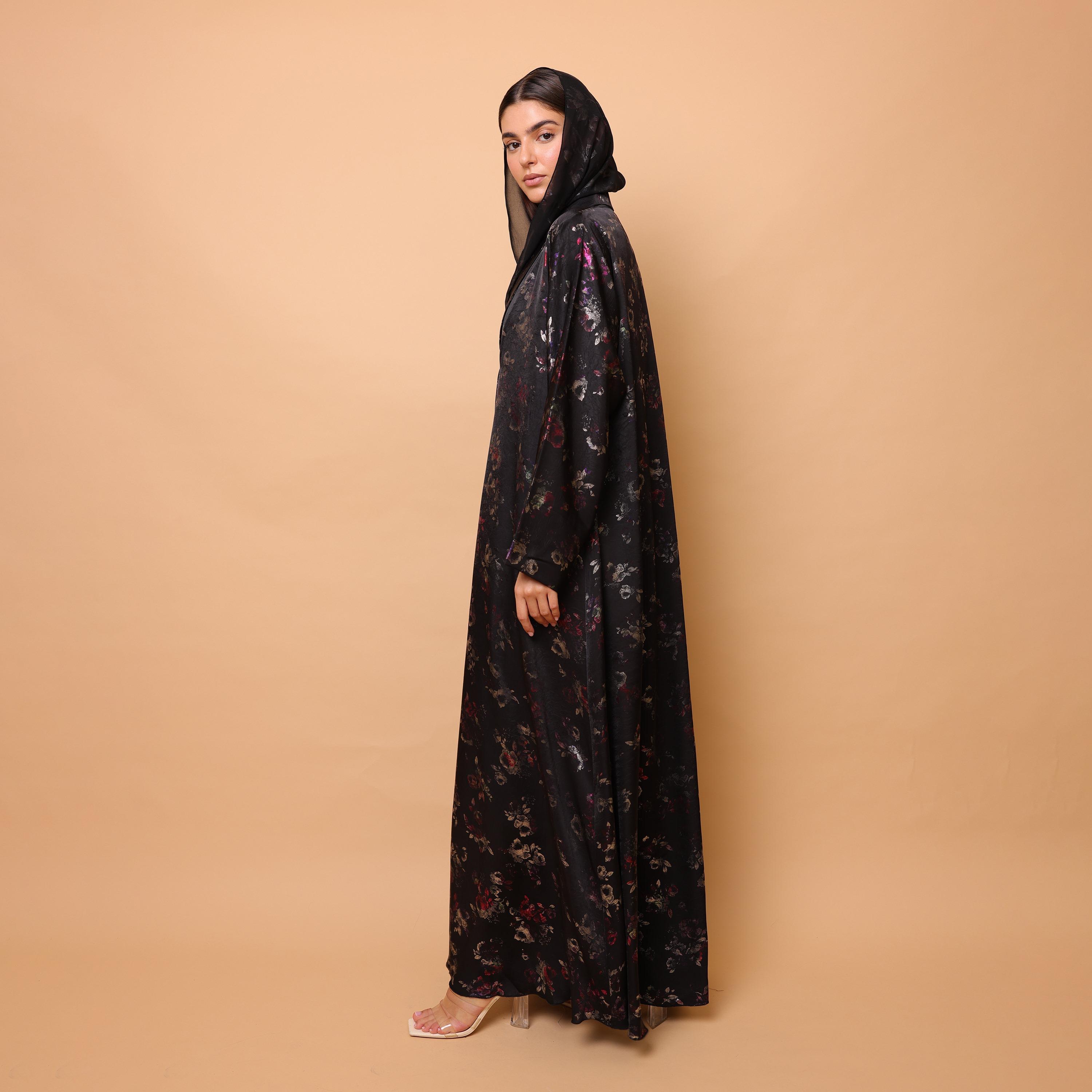 IKKXA Black Floral Print Lapel Collar Women's Abaya with Hijab-women-arabicclothing-abayas-image-3