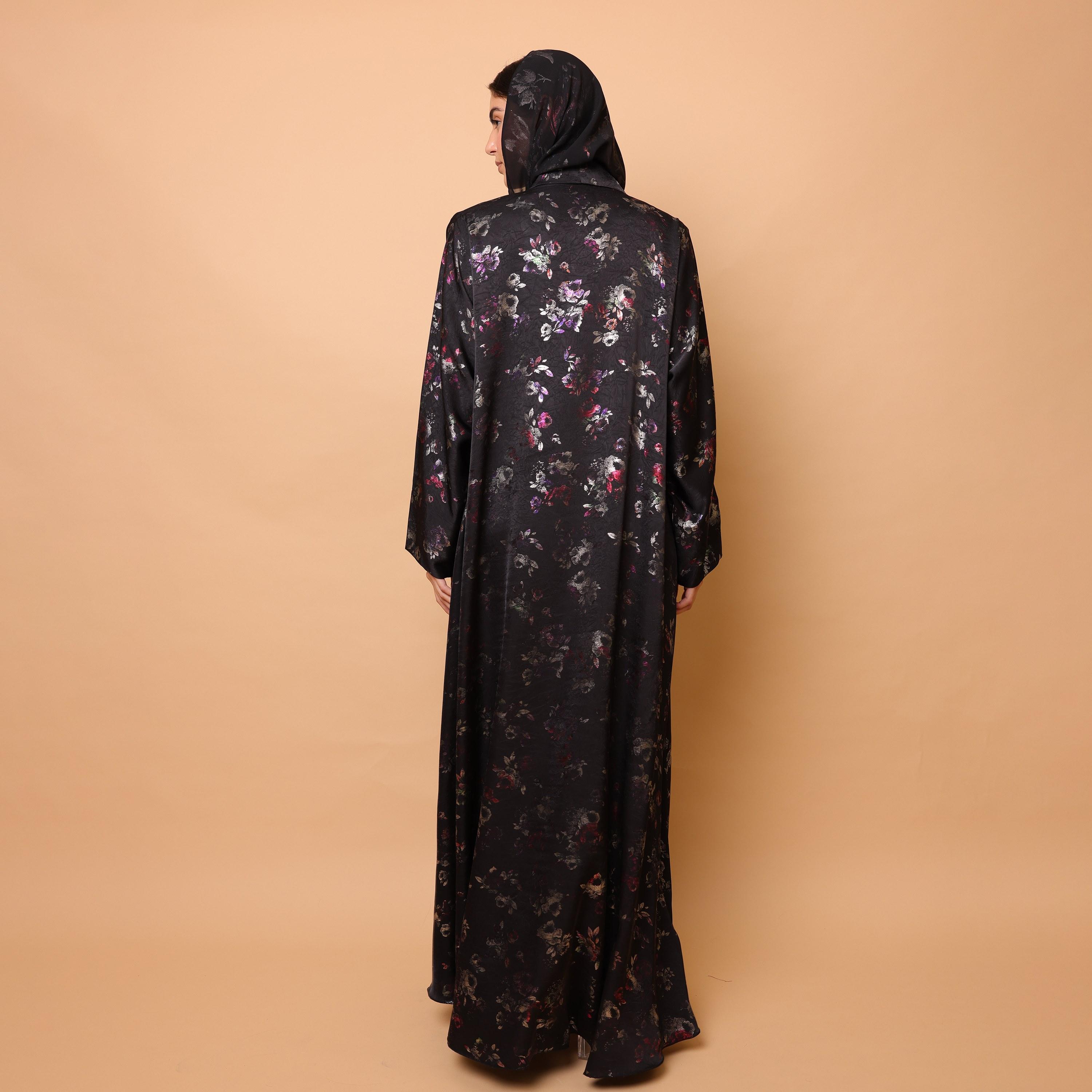 IKKXA Black Floral Print Lapel Collar Women's Abaya with Hijab-women-arabicclothing-abayas-image-4