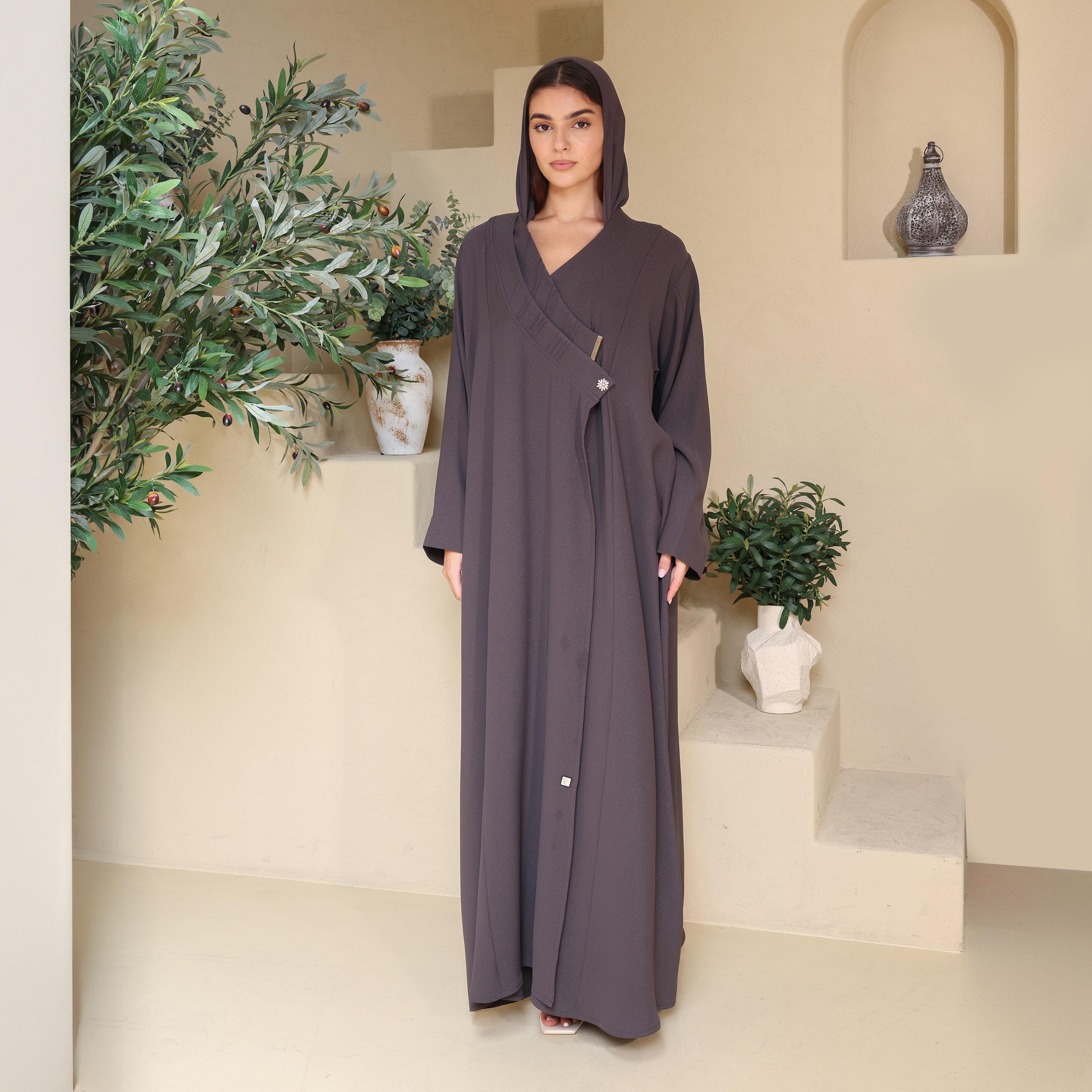 IKKXA Grey Rossio Women's Wrap Style Abaya with Hijab-women-arabicclothing-abayas-image-1