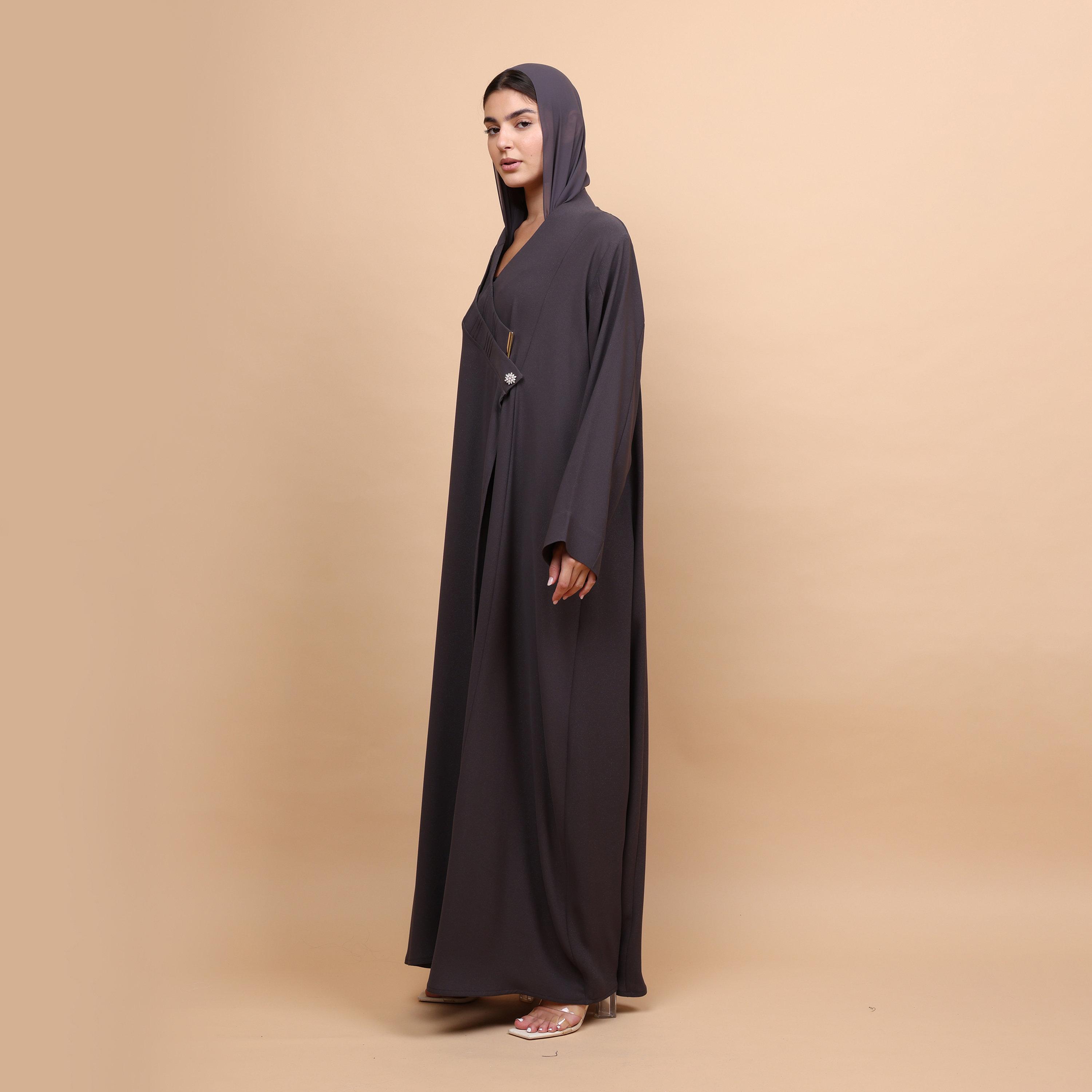 IKKXA Grey Rossio Women's Wrap Style Abaya with Hijab-women-arabicclothing-abayas-image-4