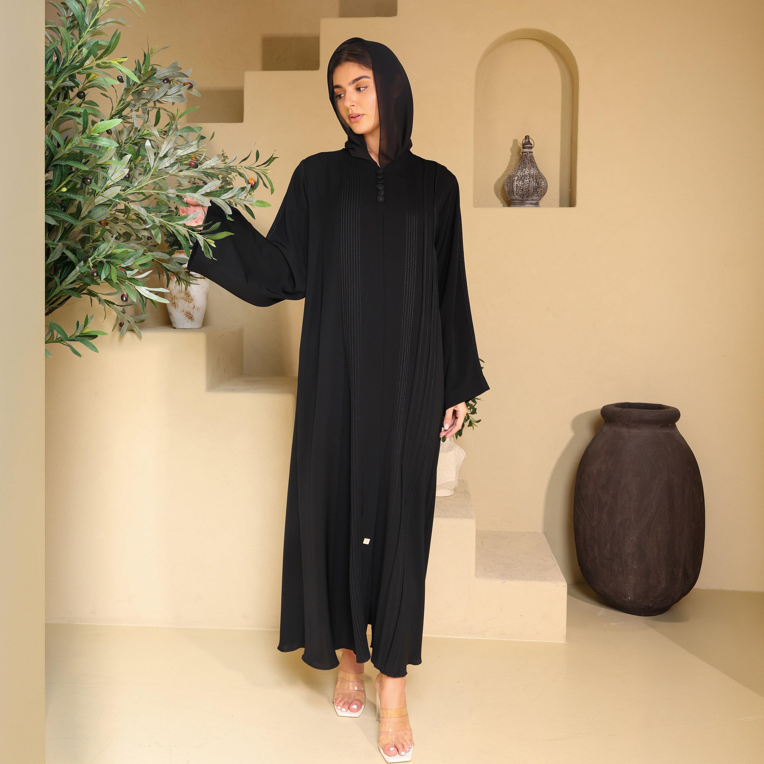 عباية نسائية قماش نيدا بتفاصيل كسرات وأكمام واسعة مع حجاب - أسود من إكسا-women-arabicclothing-abayas-image-1