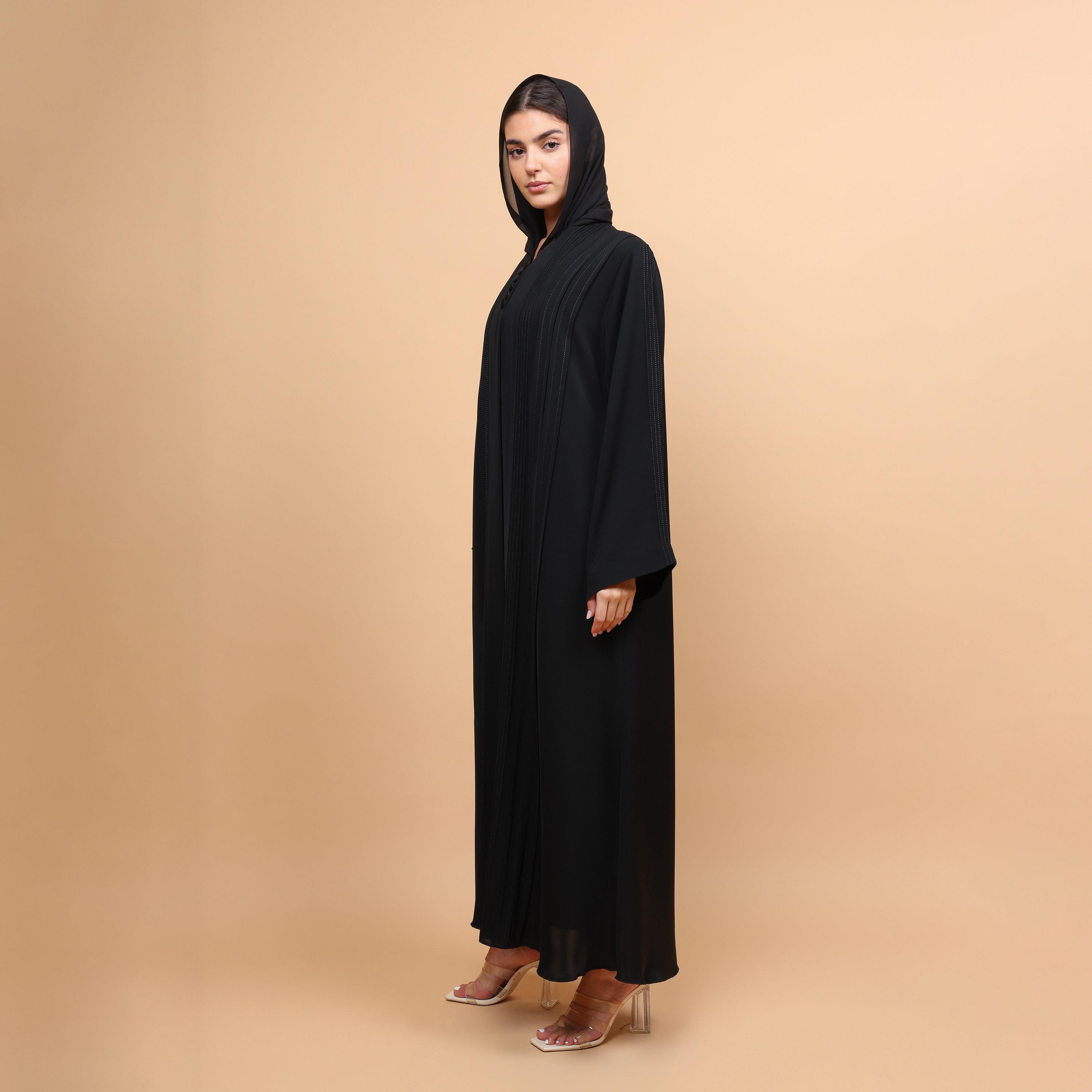 عباية نسائية قماش نيدا بتفاصيل كسرات وأكمام واسعة مع حجاب - أسود من إكسا-women-arabicclothing-abayas-image-4
