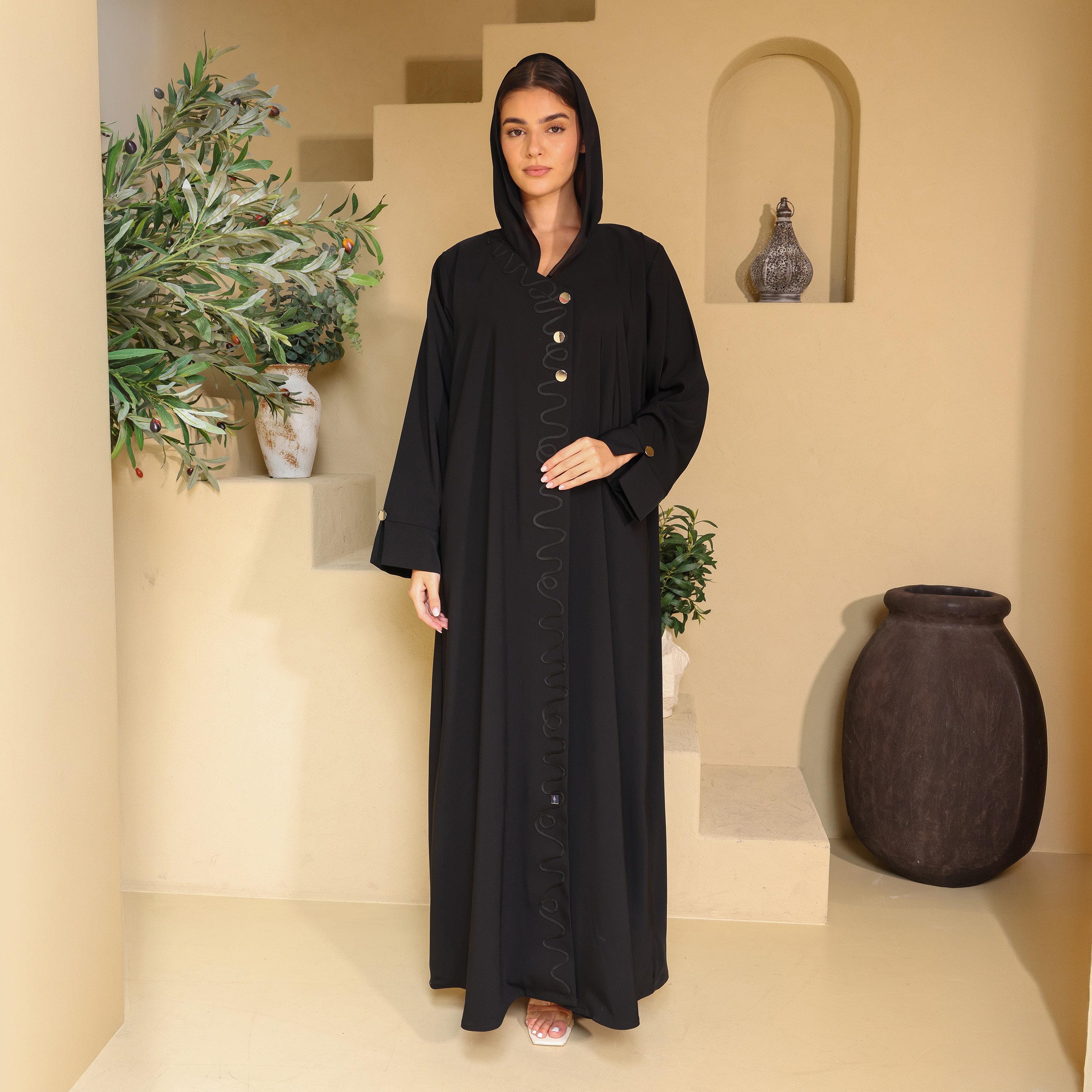 عباية نسائية قماش نيدا بتصميم موجات ثعبانية مع حجاب - أسود من إكسا-women-arabicclothing-abayas-image-1