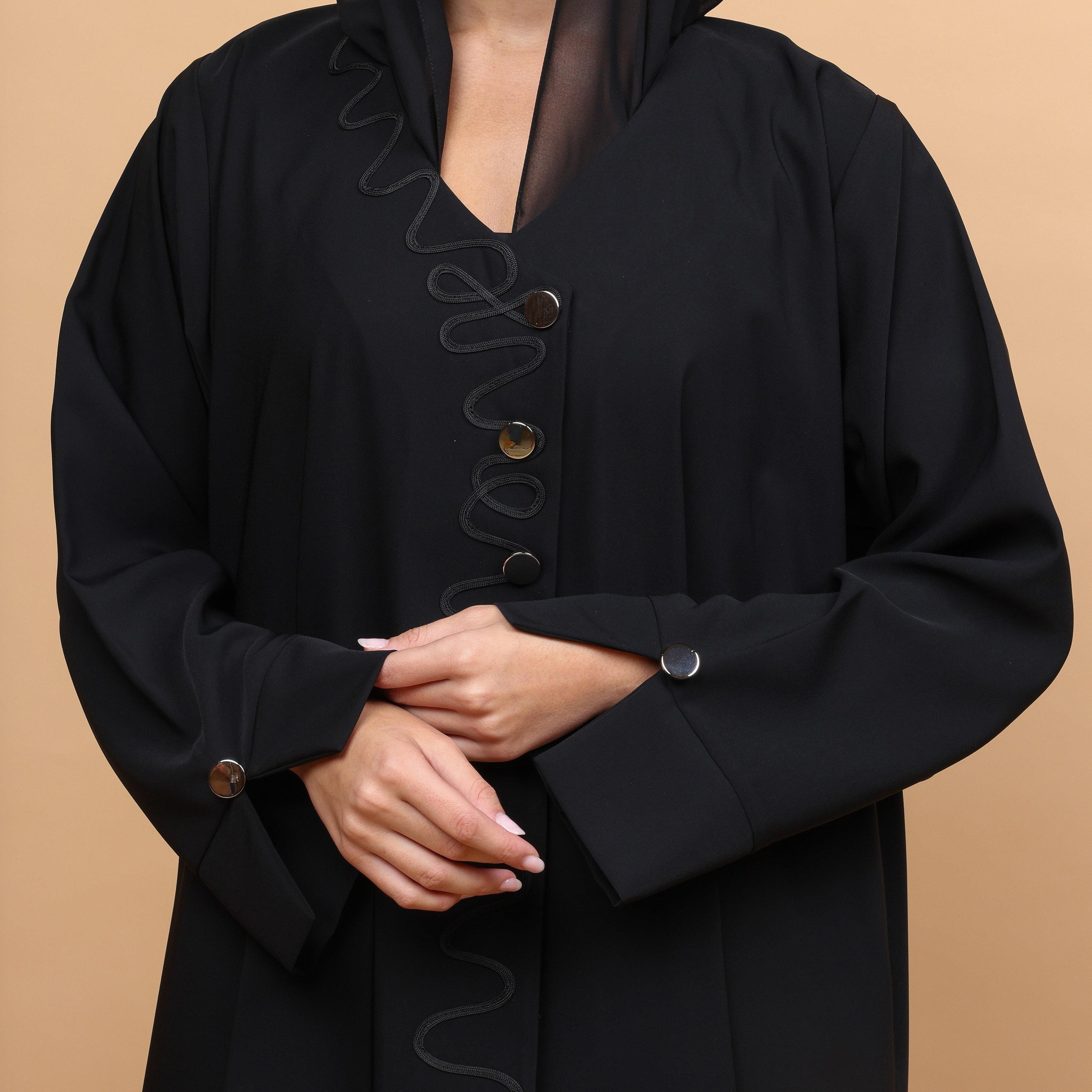 عباية نسائية قماش نيدا بتصميم موجات ثعبانية مع حجاب - أسود من إكسا-women-arabicclothing-abayas-image-3
