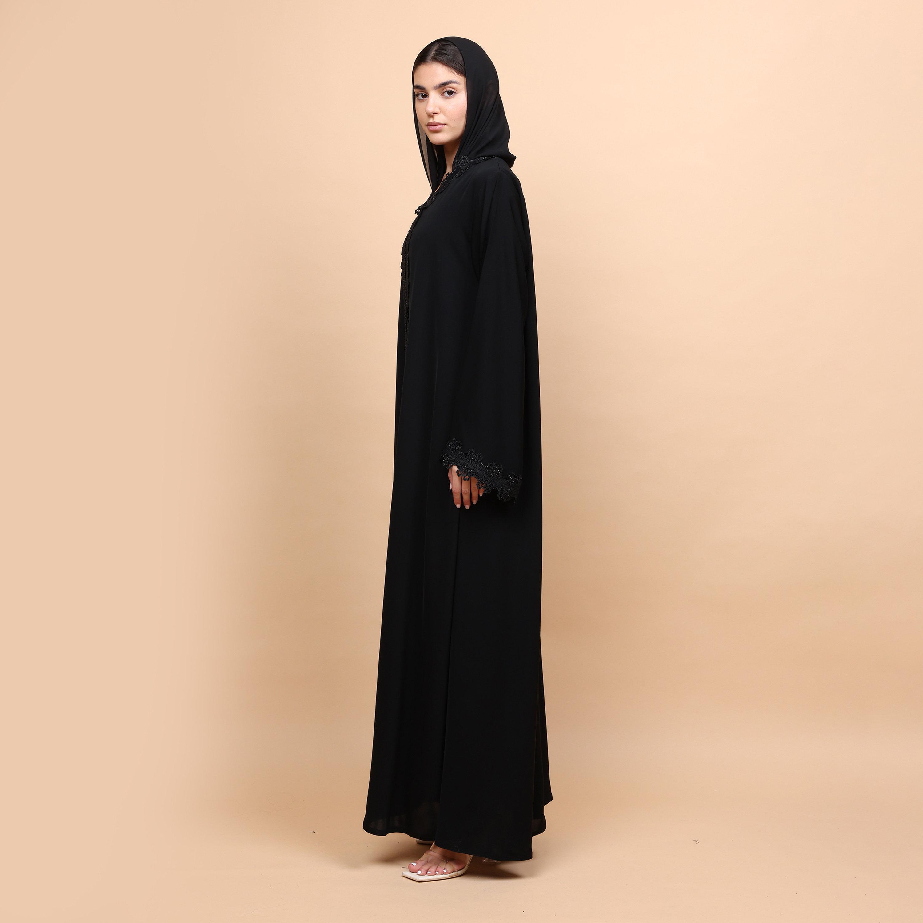عباية نسائية قماش نيدا بتفاصيل دانتيل وأكمام واسعة مع حجاب - أسود من إكسا-women-arabicclothing-abayas-image-5