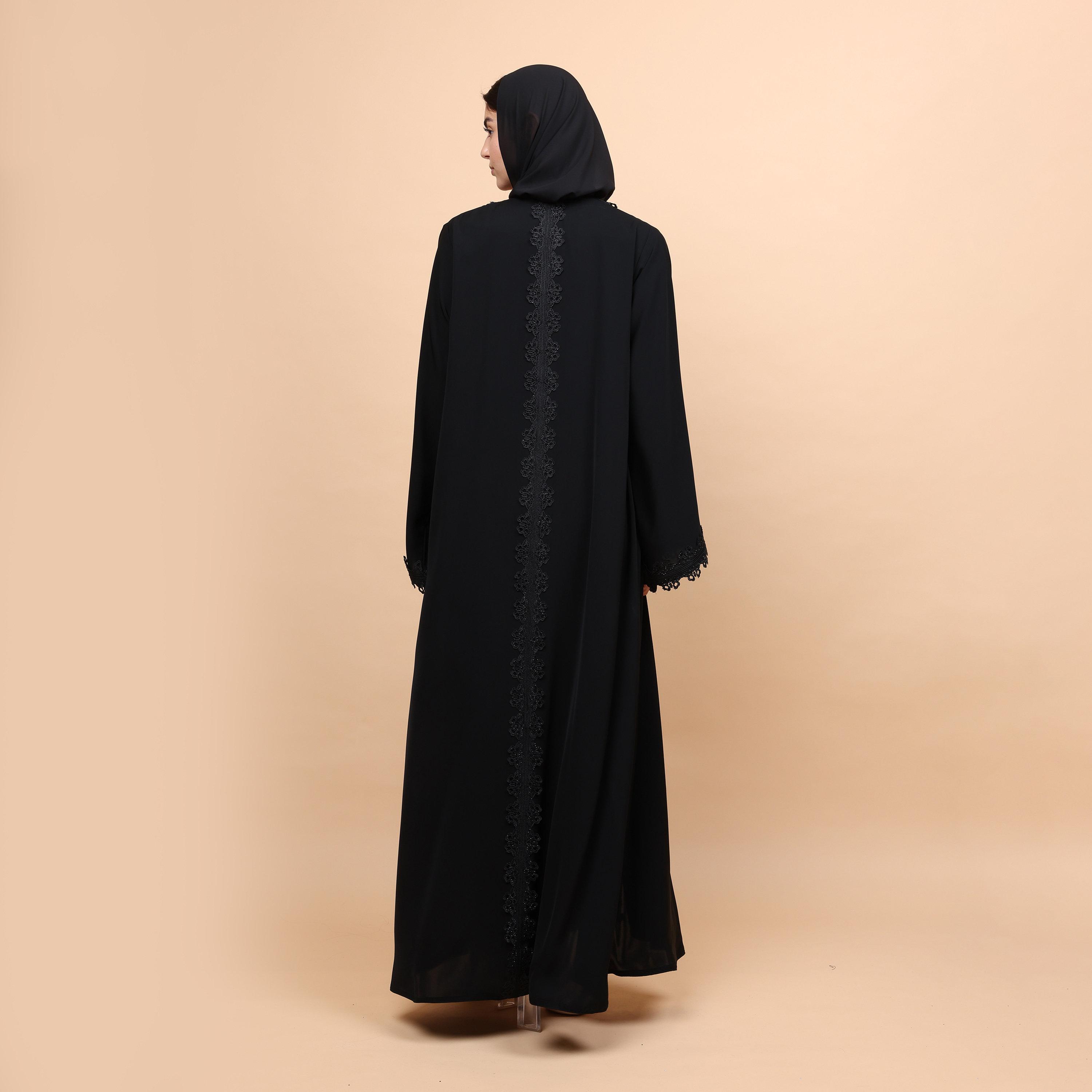 عباية نسائية قماش نيدا بتفاصيل دانتيل وأكمام واسعة مع حجاب - أسود من إكسا-women-arabicclothing-abayas-image-6