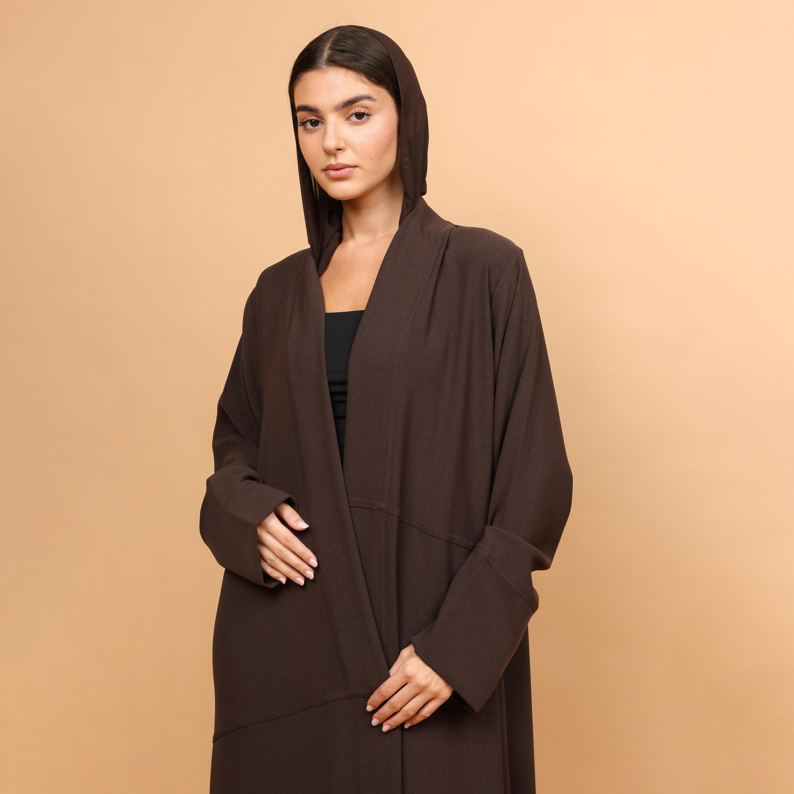 عباية نسائية قماش روسيو بأكمام ذات أطراف واسعة مع حجاب - بني من إكسا-women-arabicclothing-abayas-image-2