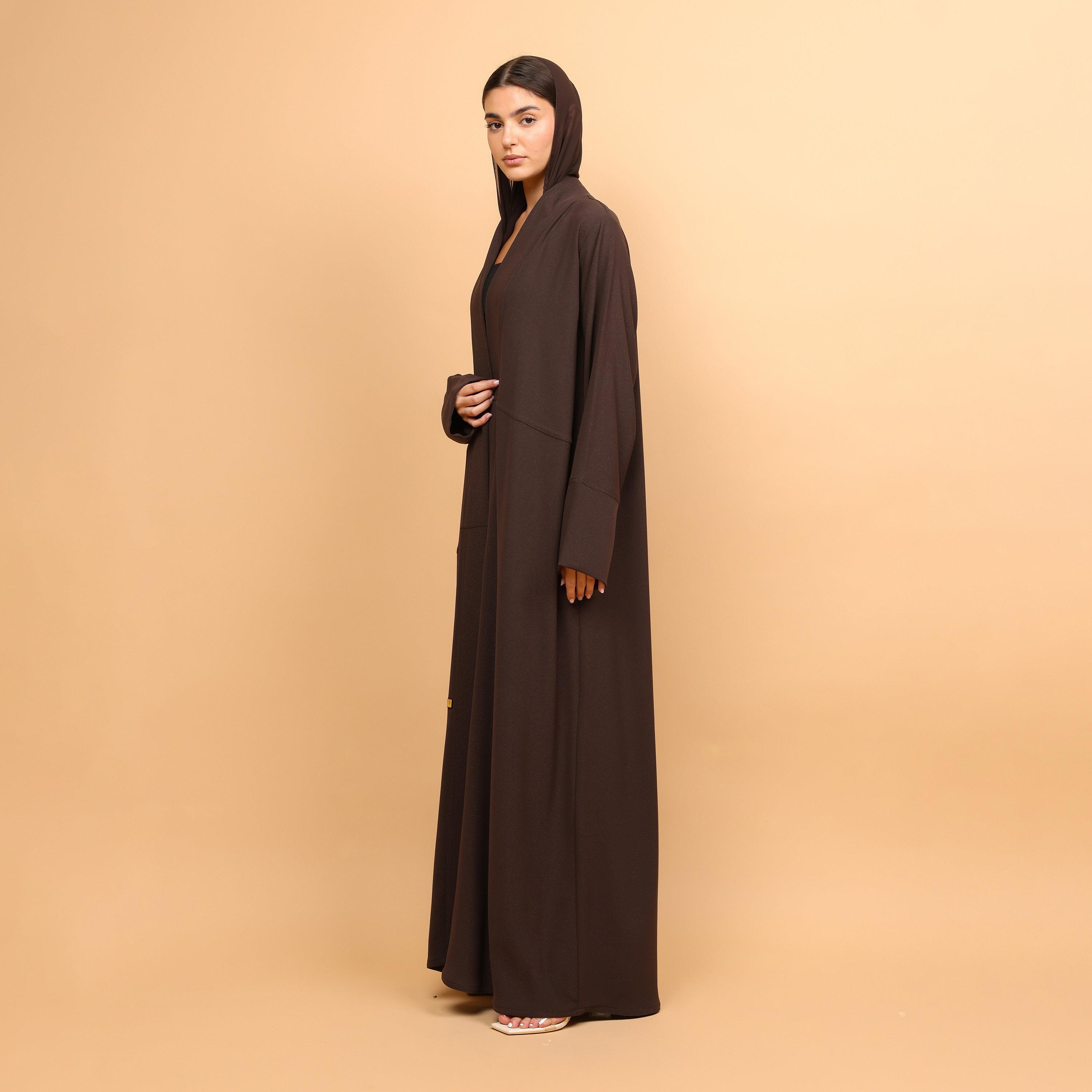 عباية نسائية قماش روسيو بأكمام ذات أطراف واسعة مع حجاب - بني من إكسا-women-arabicclothing-abayas-image-4