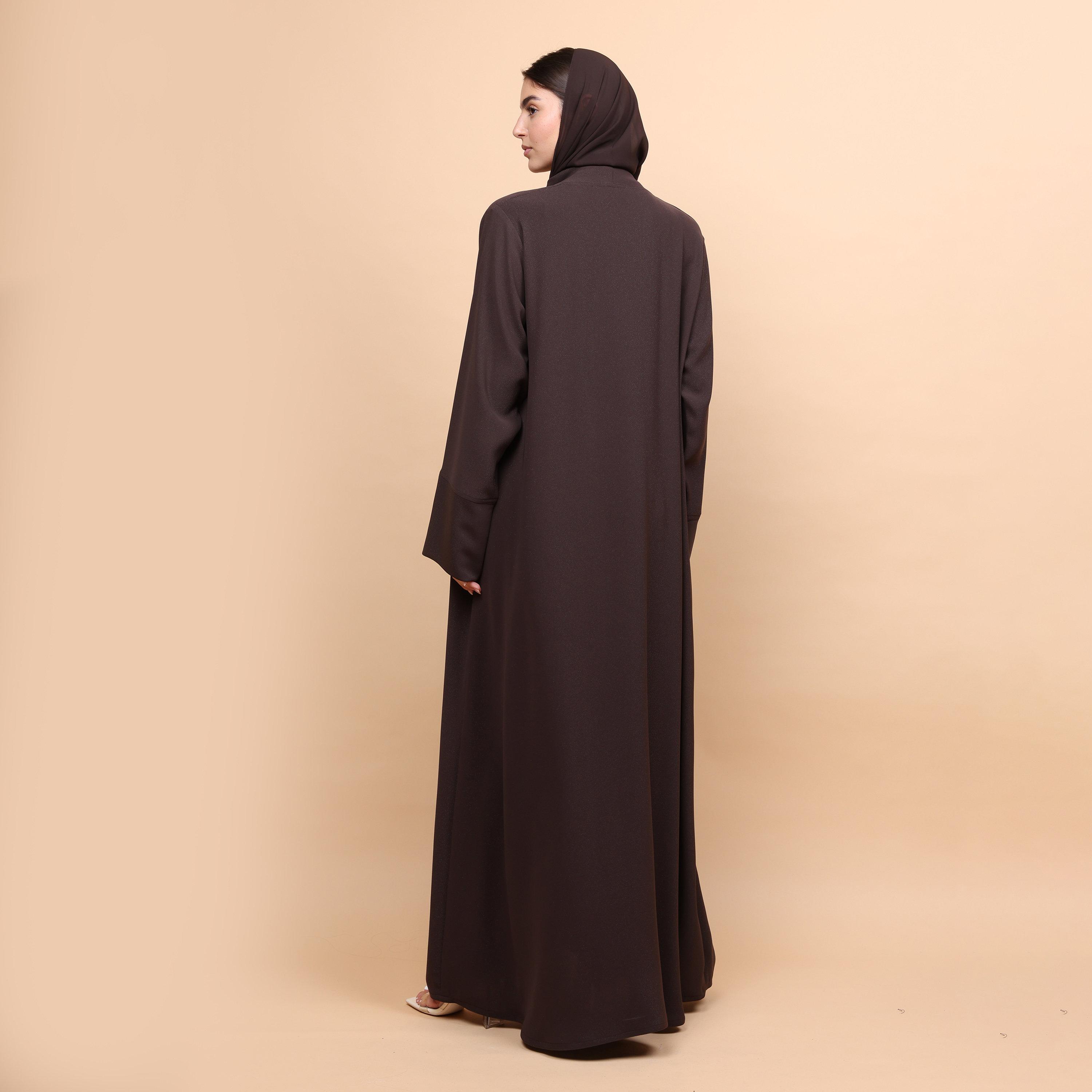 عباية نسائية قماش روسيو بأكمام ذات أطراف واسعة مع حجاب - بني من إكسا-women-arabicclothing-abayas-image-5