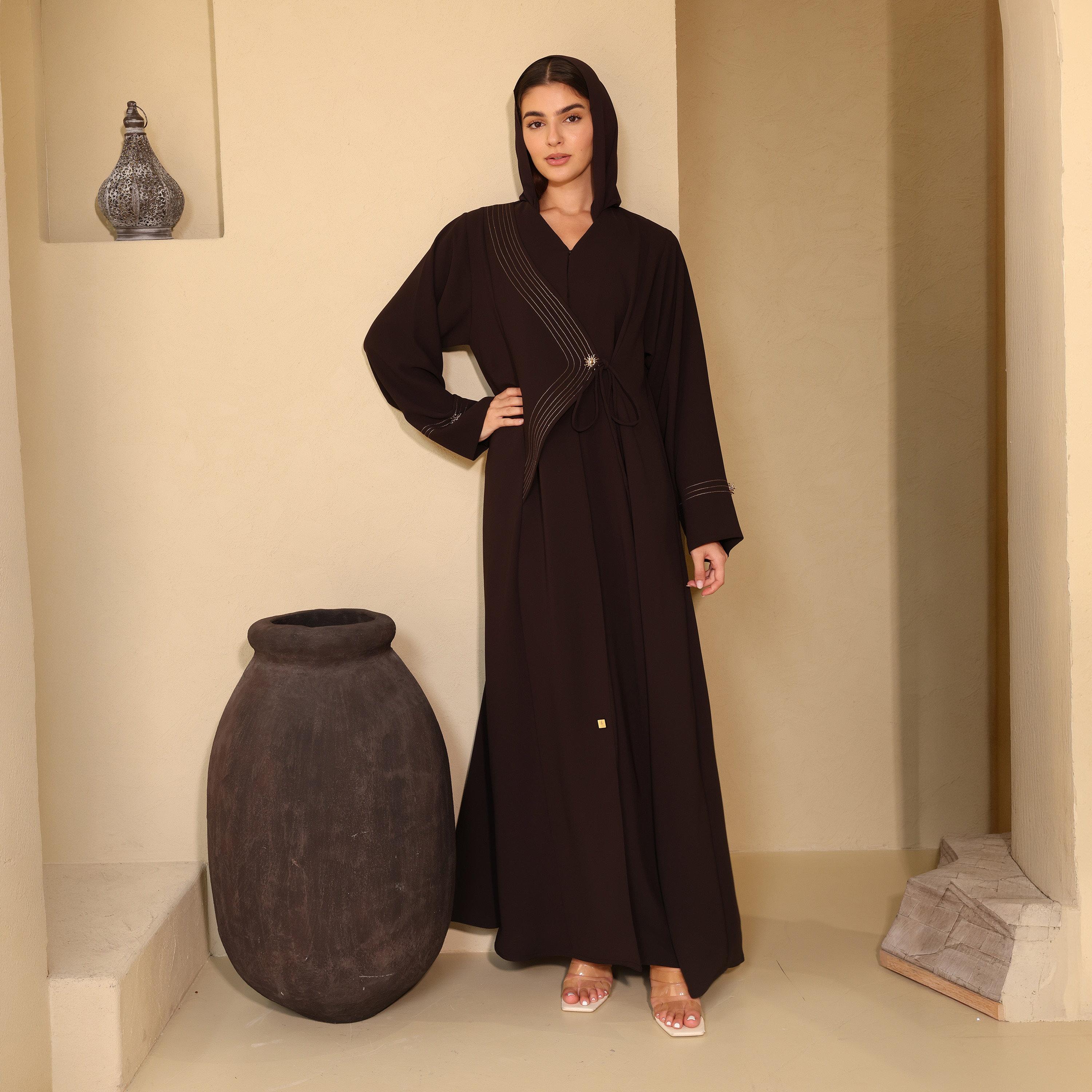 IKKXA Brown Contrast Stitched Angelica Women's Abaya with Hijab-women-arabicclothing-abayas-image-1