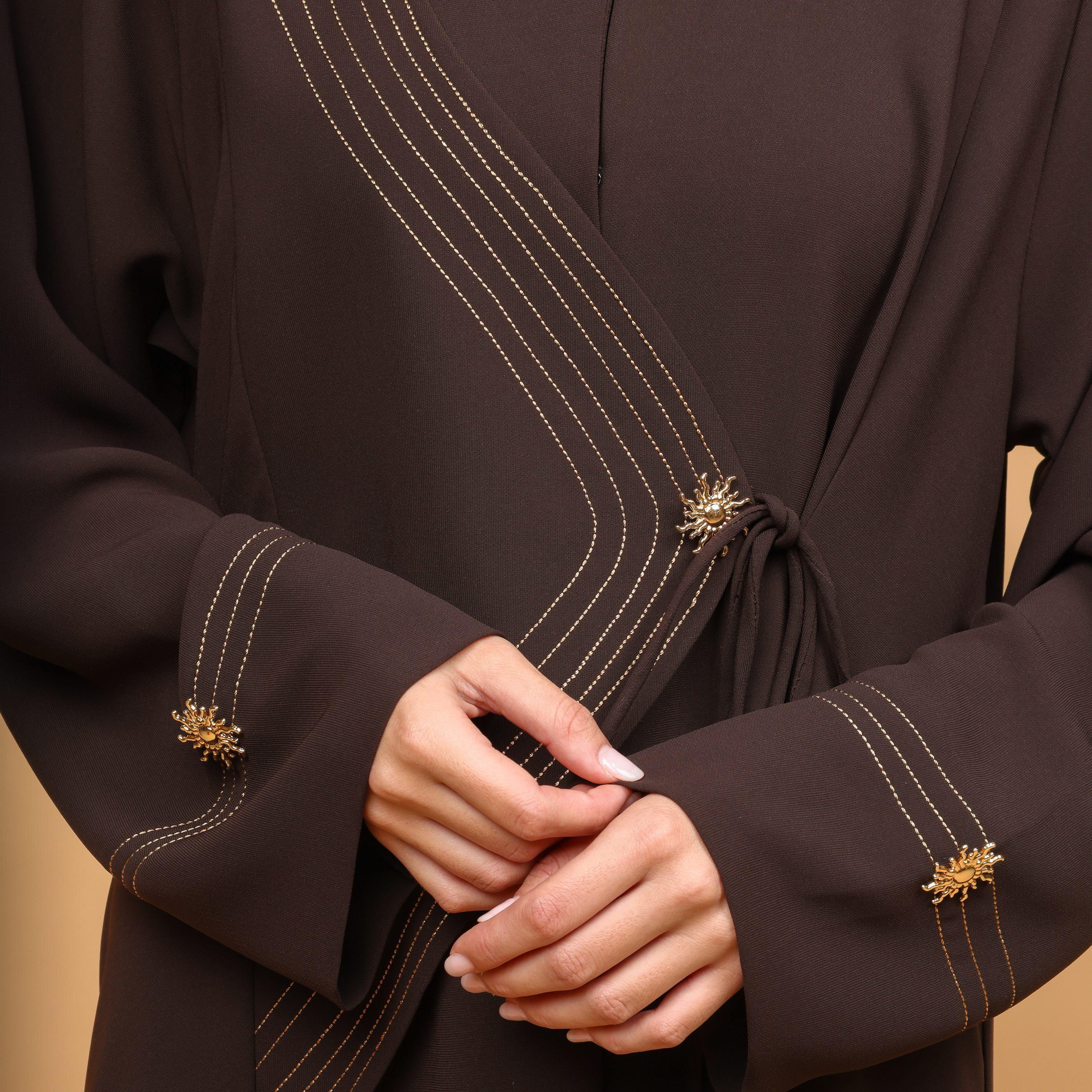 IKKXA Brown Contrast Stitched Angelica Women's Abaya with Hijab-women-arabicclothing-abayas-image-2