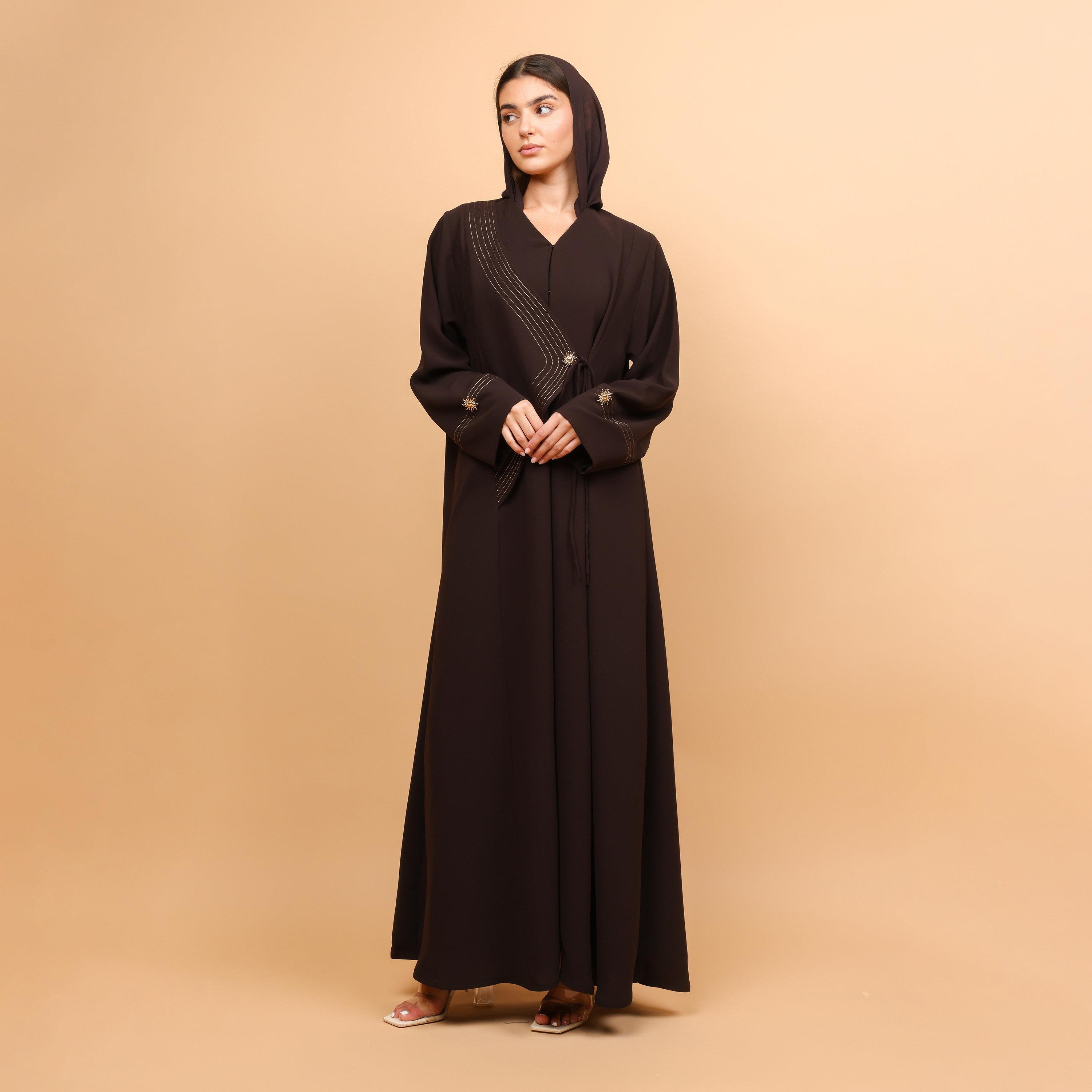 IKKXA Brown Contrast Stitched Angelica Women's Abaya with Hijab-women-arabicclothing-abayas-image-3