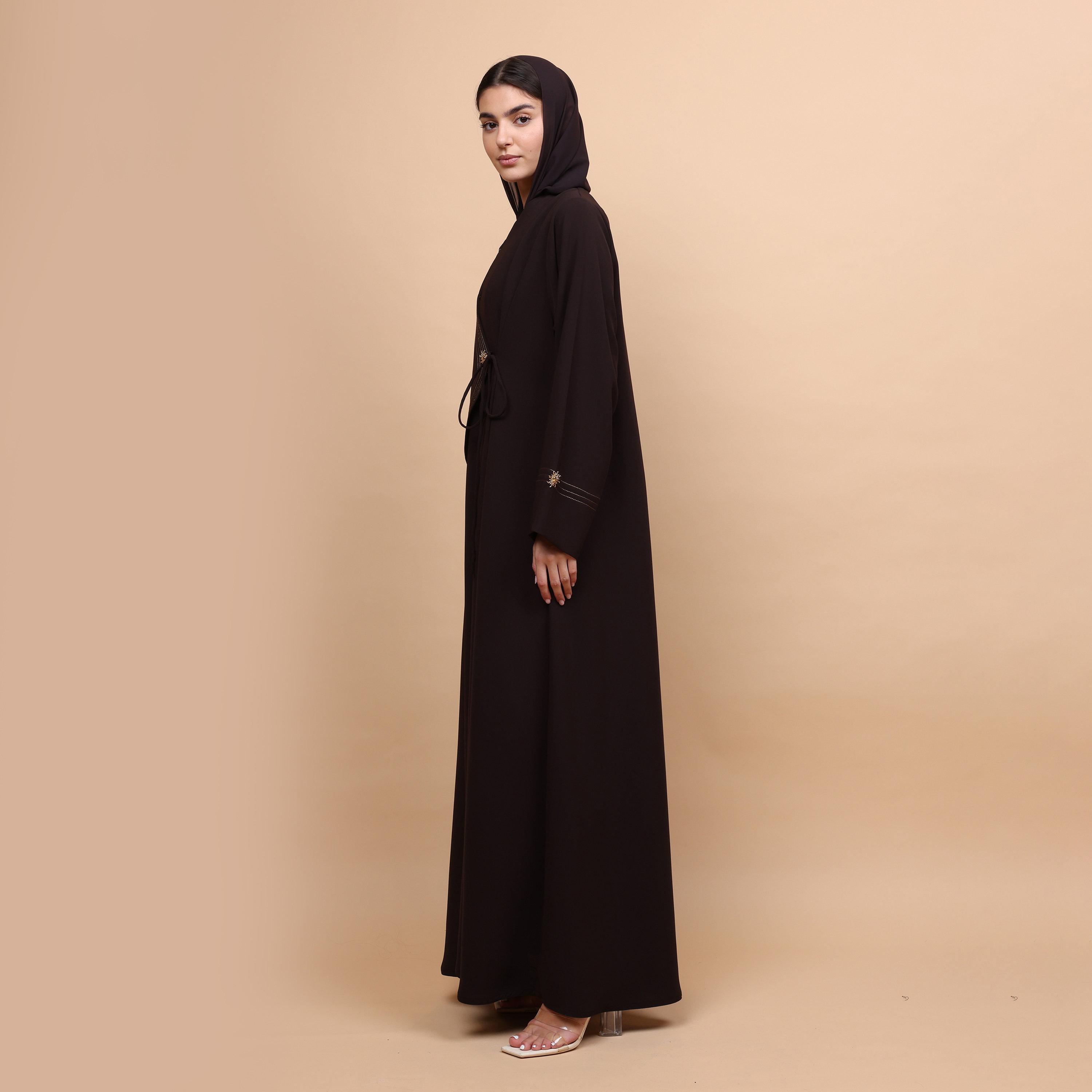 IKKXA Brown Contrast Stitched Angelica Women's Abaya with Hijab-women-arabicclothing-abayas-image-4