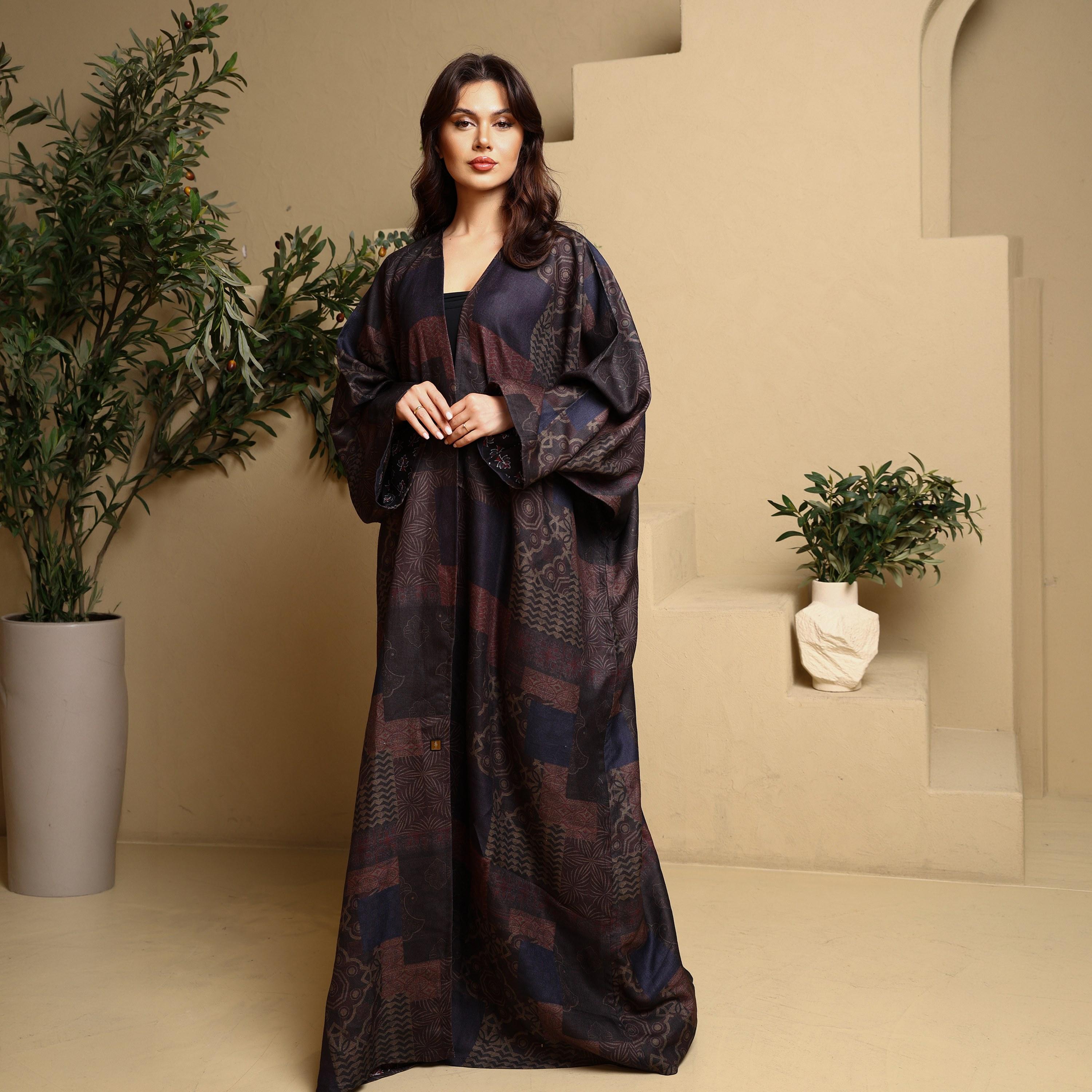 IKKXA Multicolour Geometric Print Batwing Sleeves Linen Women's Bisht Abaya with Hijab-women-arabicclothing-abayas-image-1