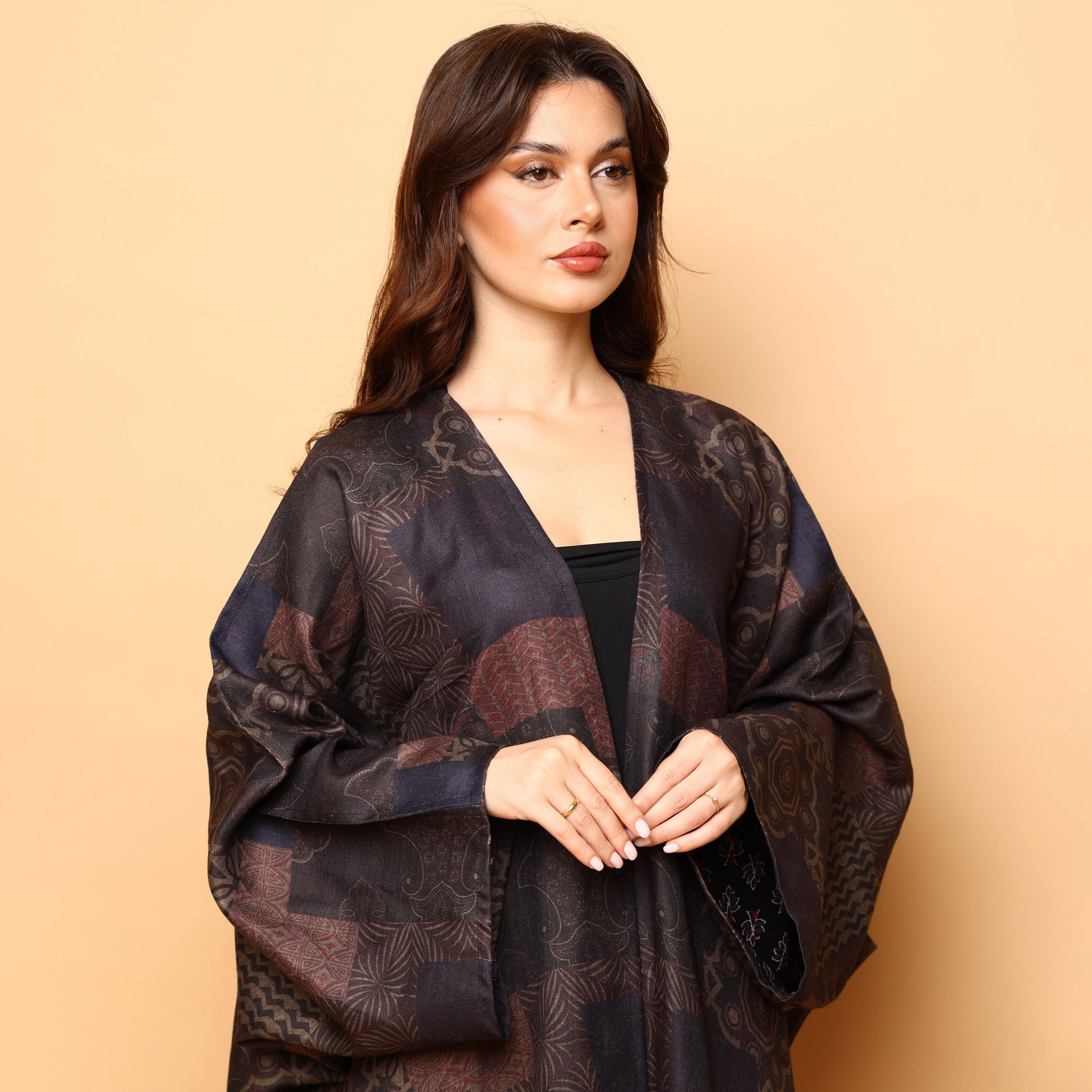IKKXA Multicolour Geometric Print Batwing Sleeves Linen Women's Bisht Abaya with Hijab-women-arabicclothing-abayas-image-2