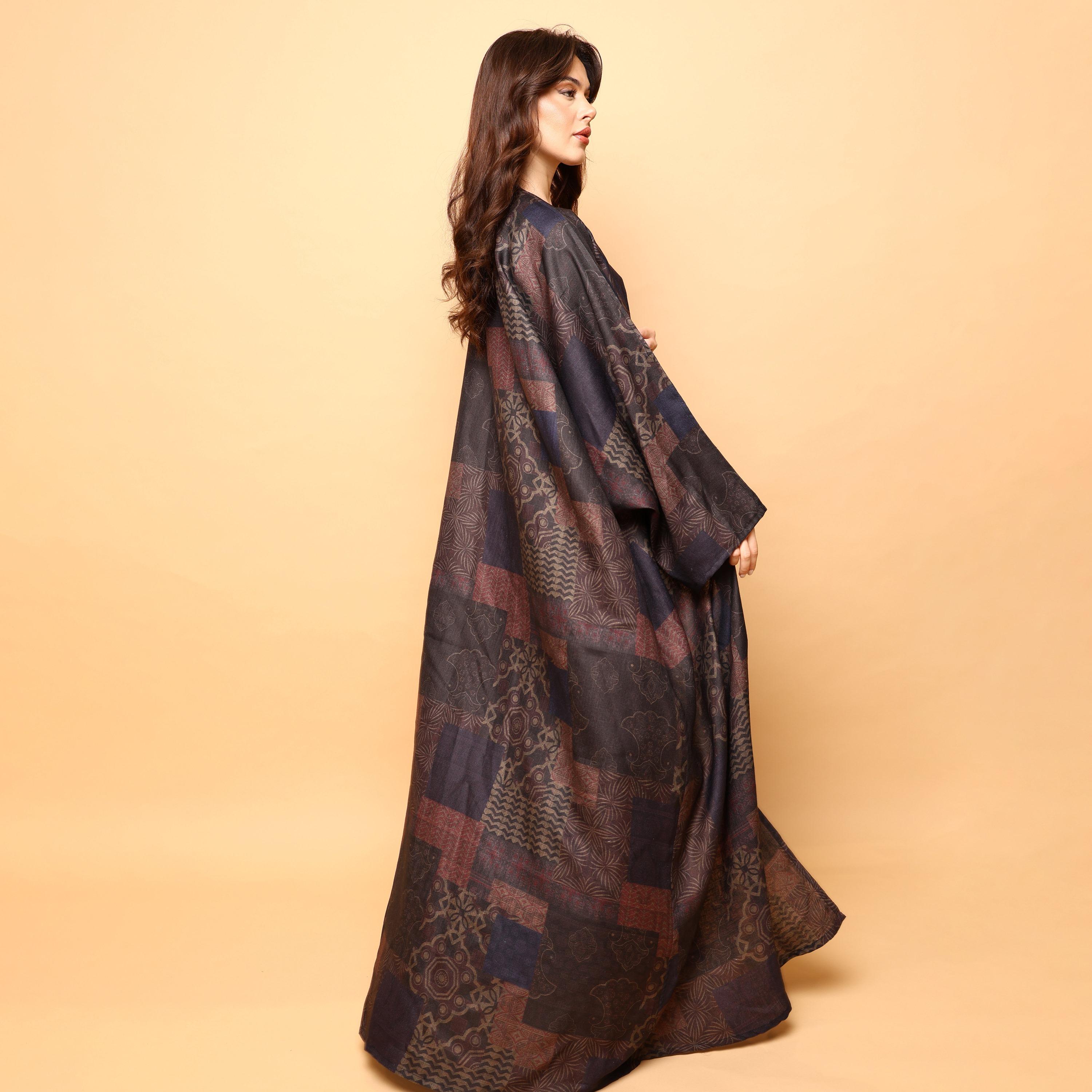 IKKXA Multicolour Geometric Print Batwing Sleeves Linen Women's Bisht Abaya with Hijab-women-arabicclothing-abayas-image-5