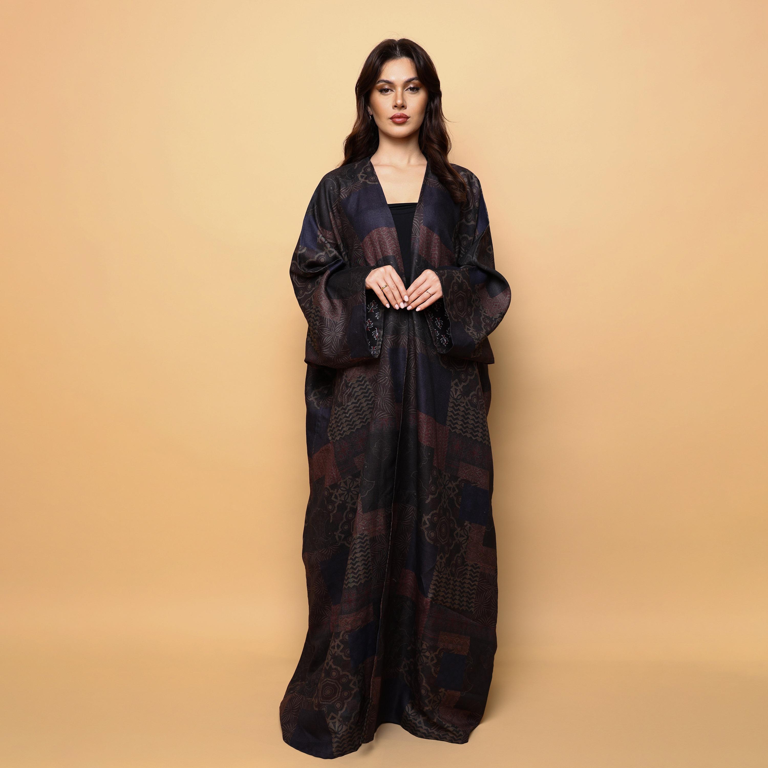 IKKXA Multicolour Geometric Print Batwing Sleeves Linen Women's Bisht Abaya with Hijab-women-arabicclothing-abayas-image-6