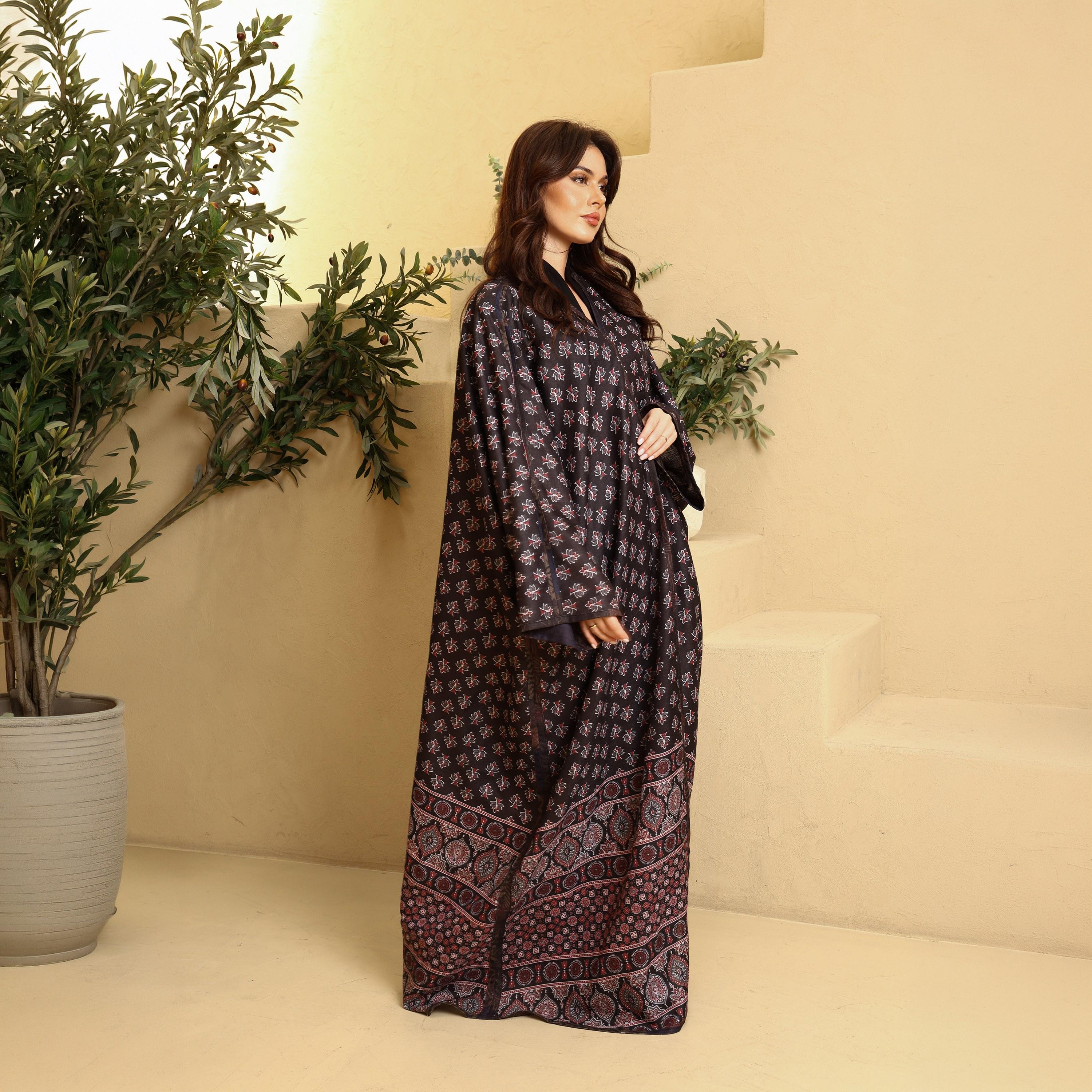 IKKXA Multicolour Geometric Print Wide Sleeves Linen Women's Abaya with Hijab-women-arabicclothing-abayas-image-1