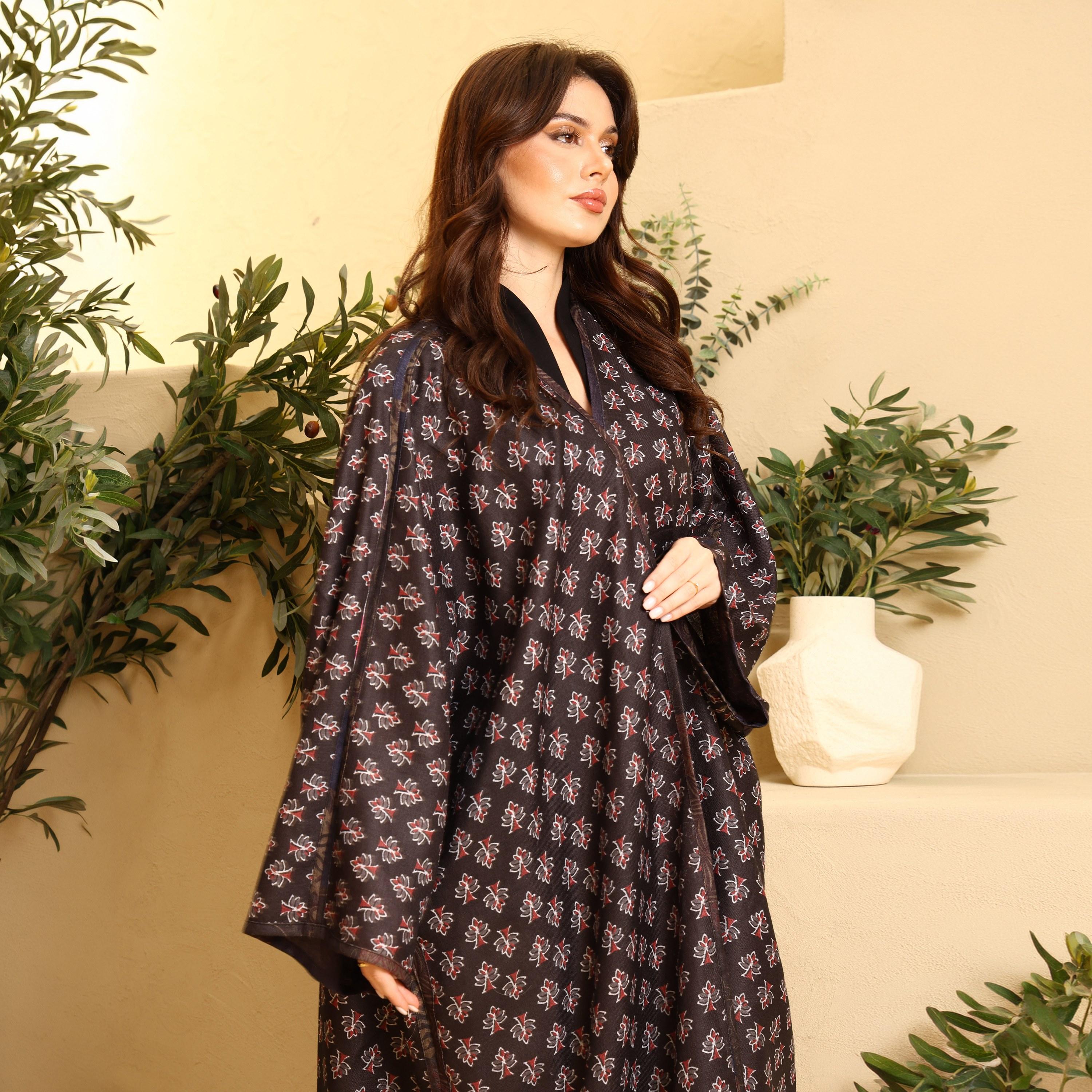 IKKXA Multicolour Geometric Print Wide Sleeves Linen Women's Abaya with Hijab-women-arabicclothing-abayas-image-2