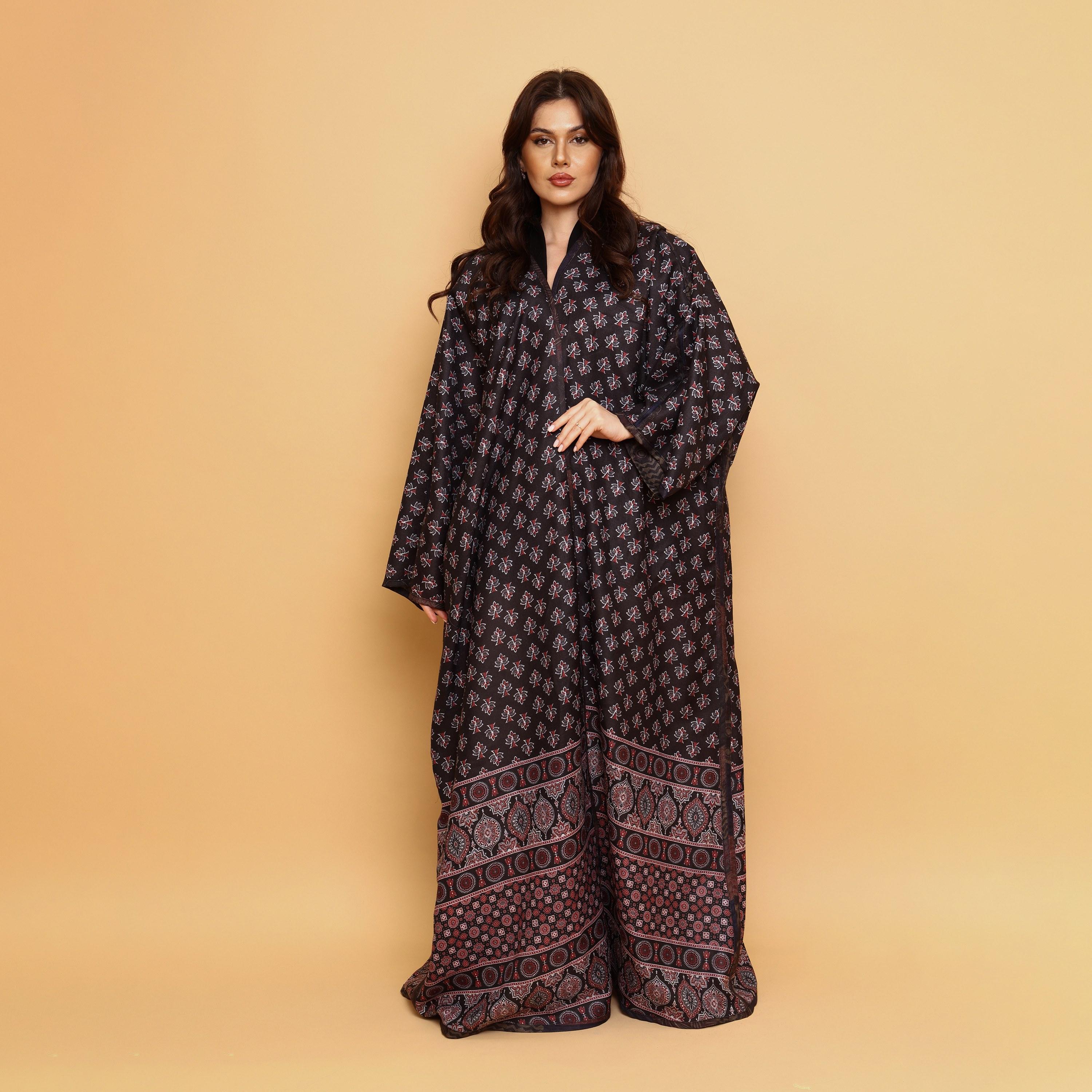 IKKXA Multicolour Geometric Print Wide Sleeves Linen Women's Abaya with Hijab-women-arabicclothing-abayas-image-3