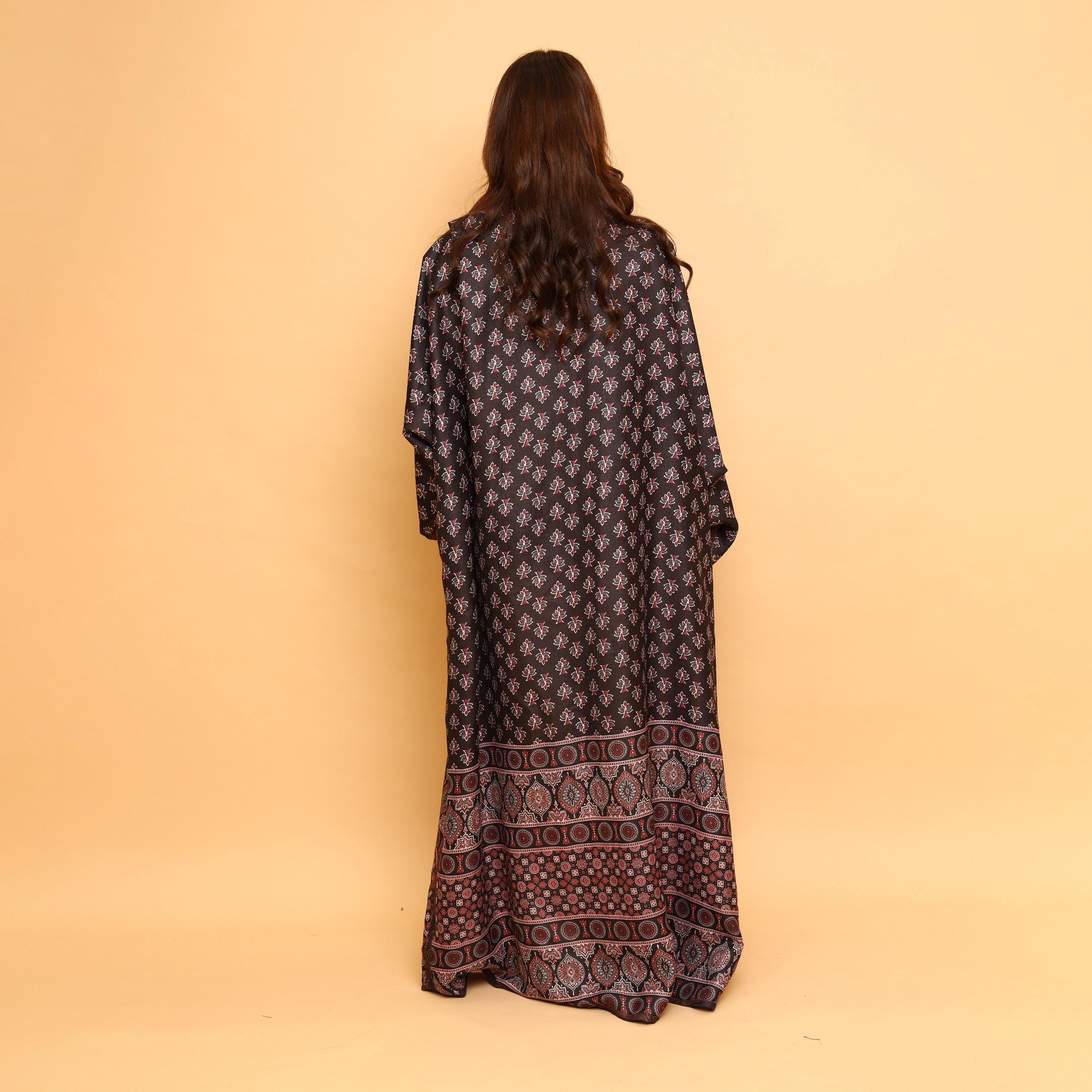 IKKXA Multicolour Geometric Print Wide Sleeves Linen Women's Abaya with Hijab-women-arabicclothing-abayas-image-4