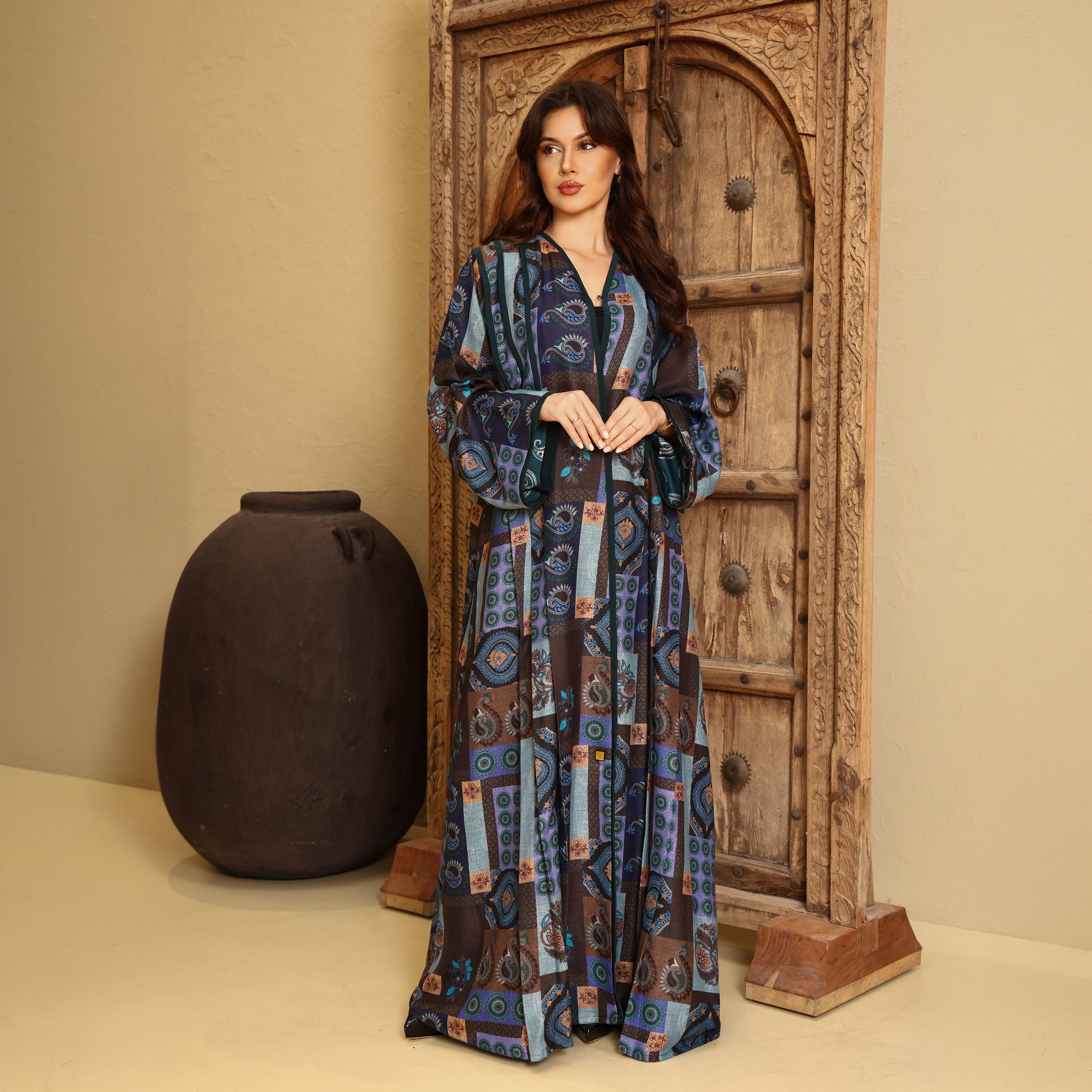 IKKXA Multicolour Paisley Print Wide Sleeves Linen Women's Flared Abaya with Hijab-women-arabicclothing-abayas-image-1