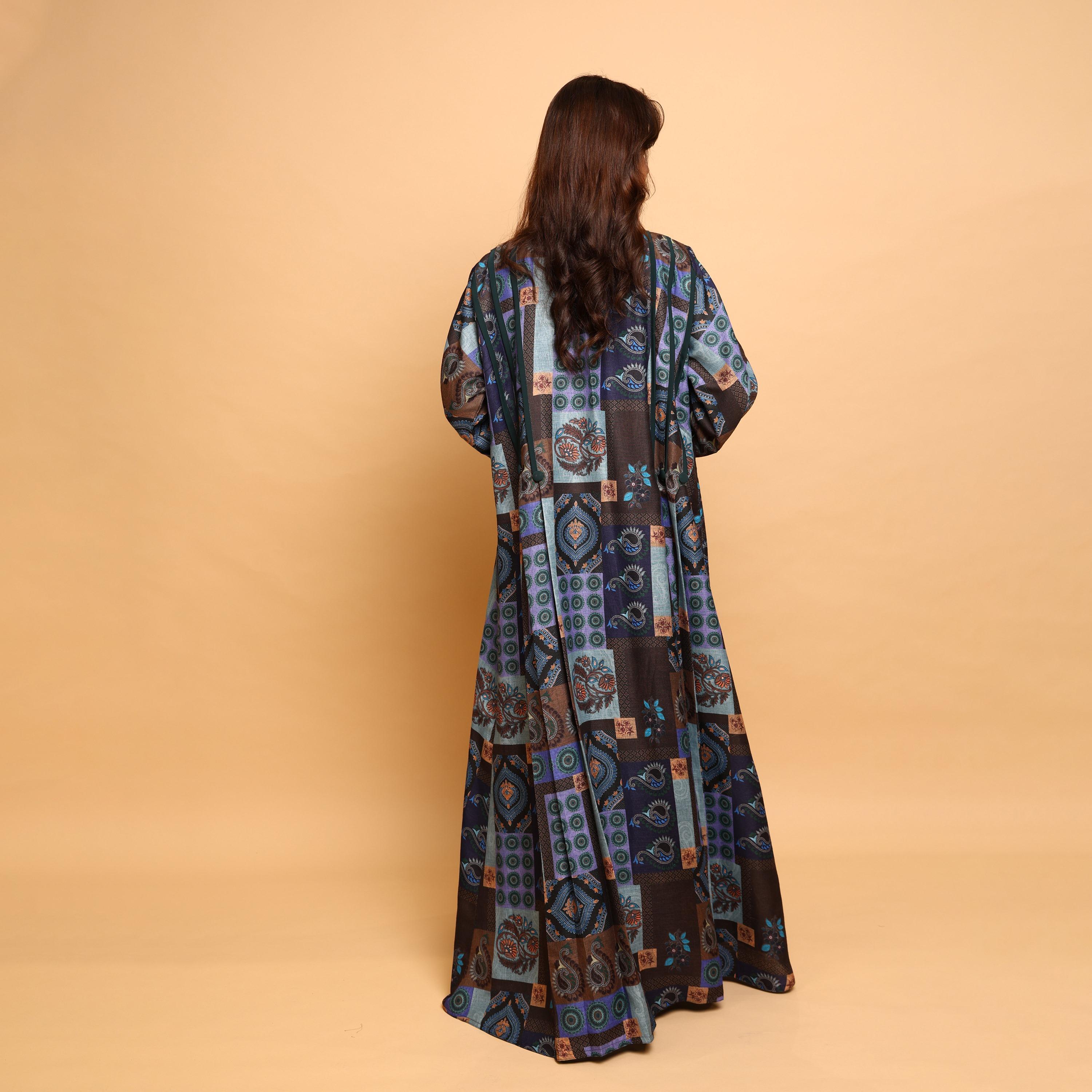 IKKXA Multicolour Paisley Print Wide Sleeves Linen Women's Flared Abaya with Hijab-women-arabicclothing-abayas-image-4