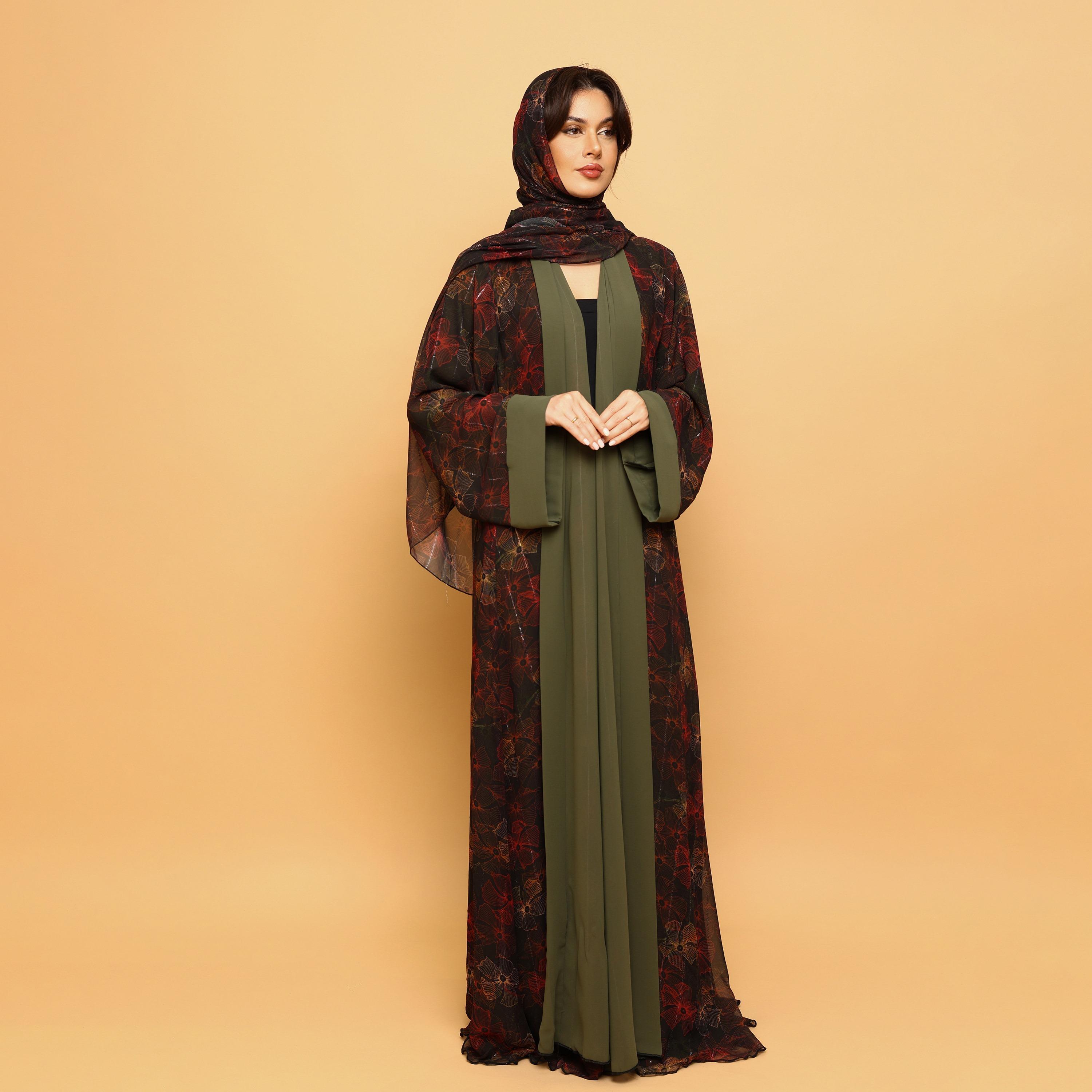 IKKXA Multicolour Floral Print Wide Sleeves Double Chiffon Women's Abaya with Hijab-women-arabicclothing-abayas-image-3