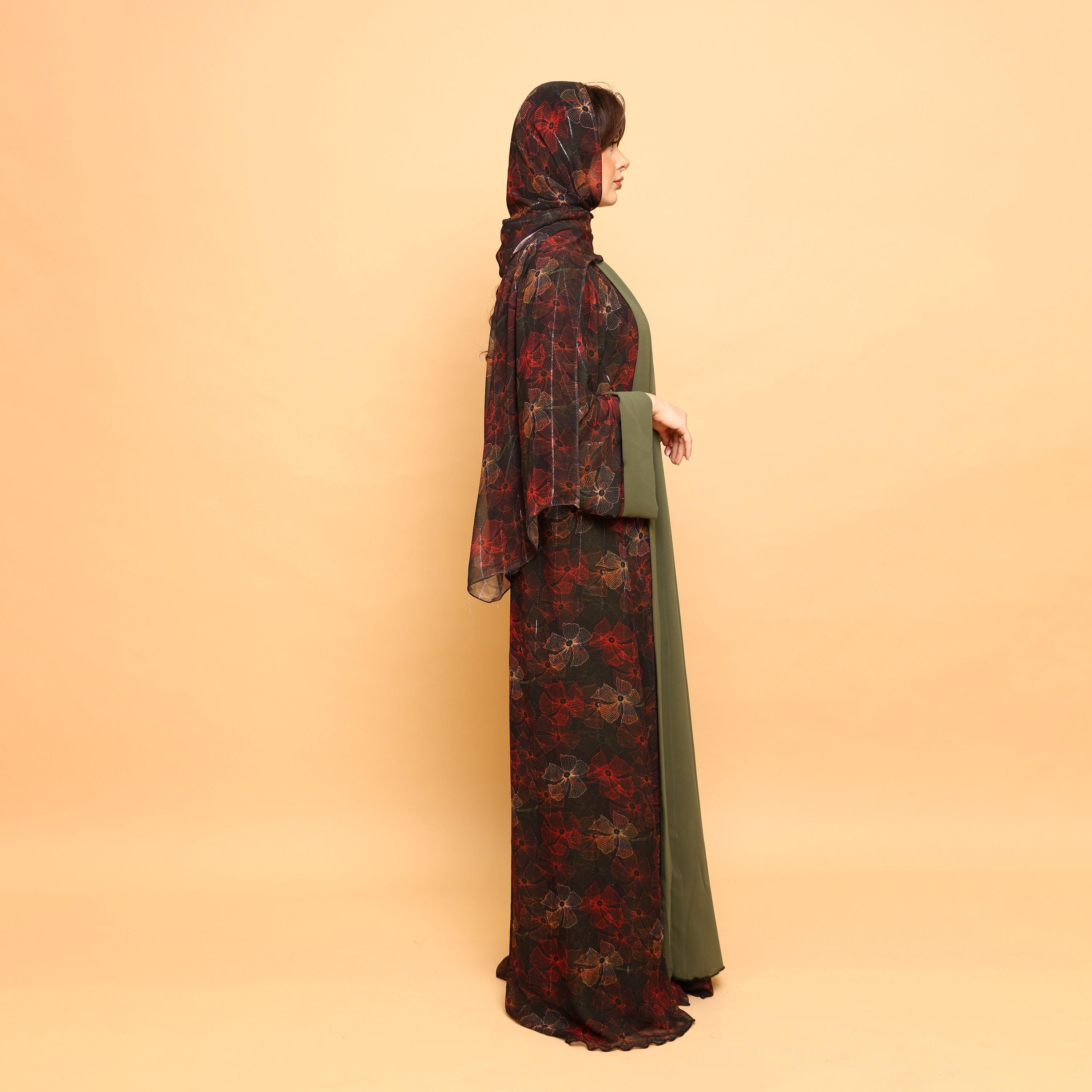 IKKXA Multicolour Floral Print Wide Sleeves Double Chiffon Women's Abaya with Hijab-women-arabicclothing-abayas-image-5