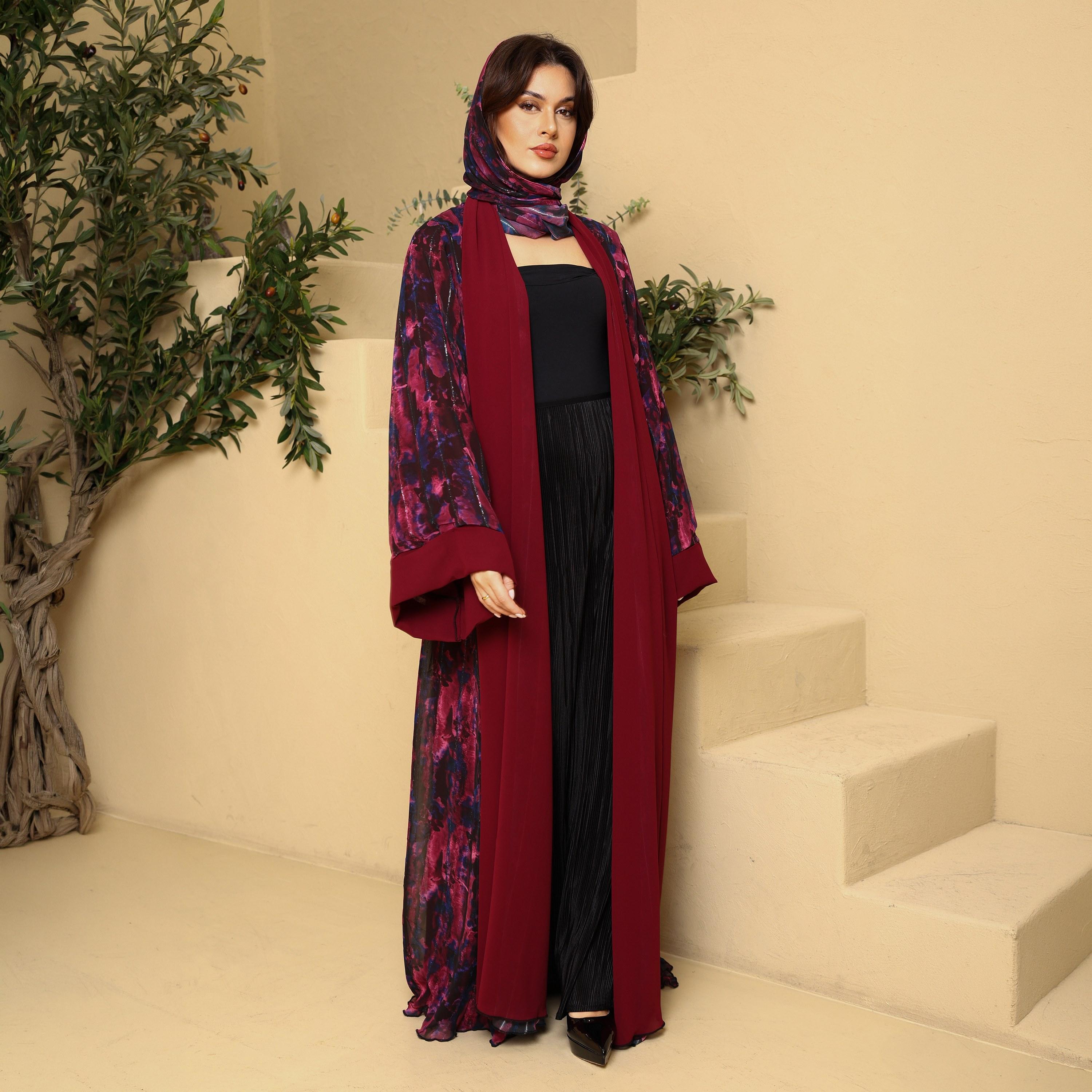 IKKXA Red Tie-Dye Wide Sleeves Double Chiffon Women's Abaya with Hijab-women-arabicclothing-abayas-image-1