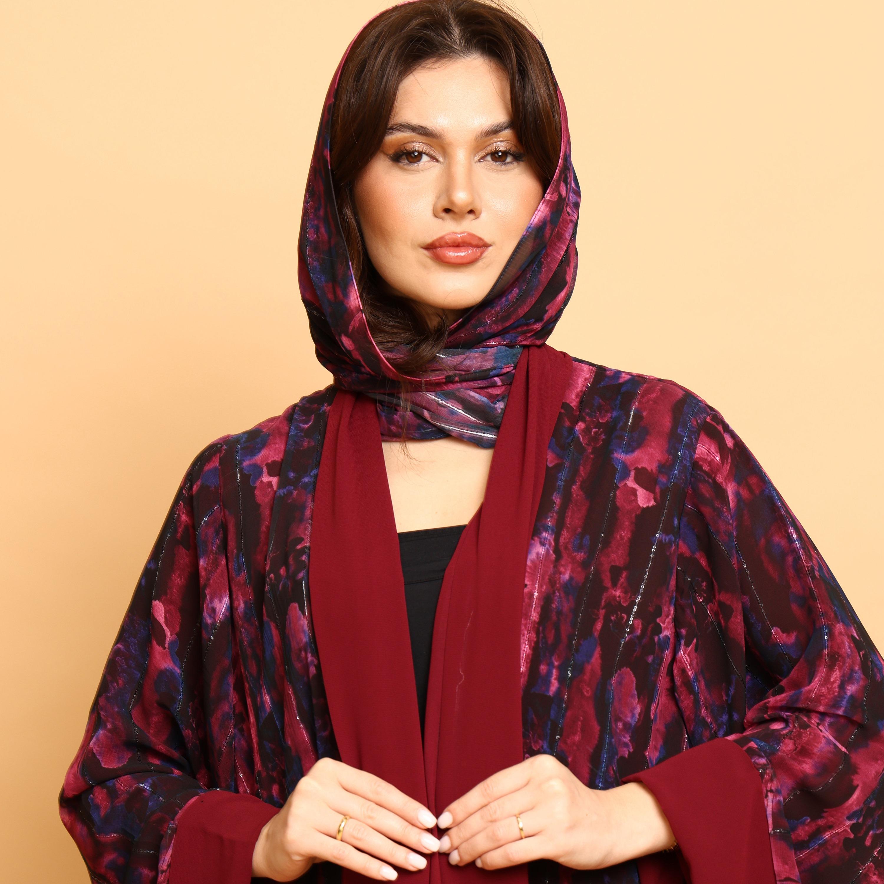 IKKXA Red Tie-Dye Wide Sleeves Double Chiffon Women's Abaya with Hijab-women-arabicclothing-abayas-image-2