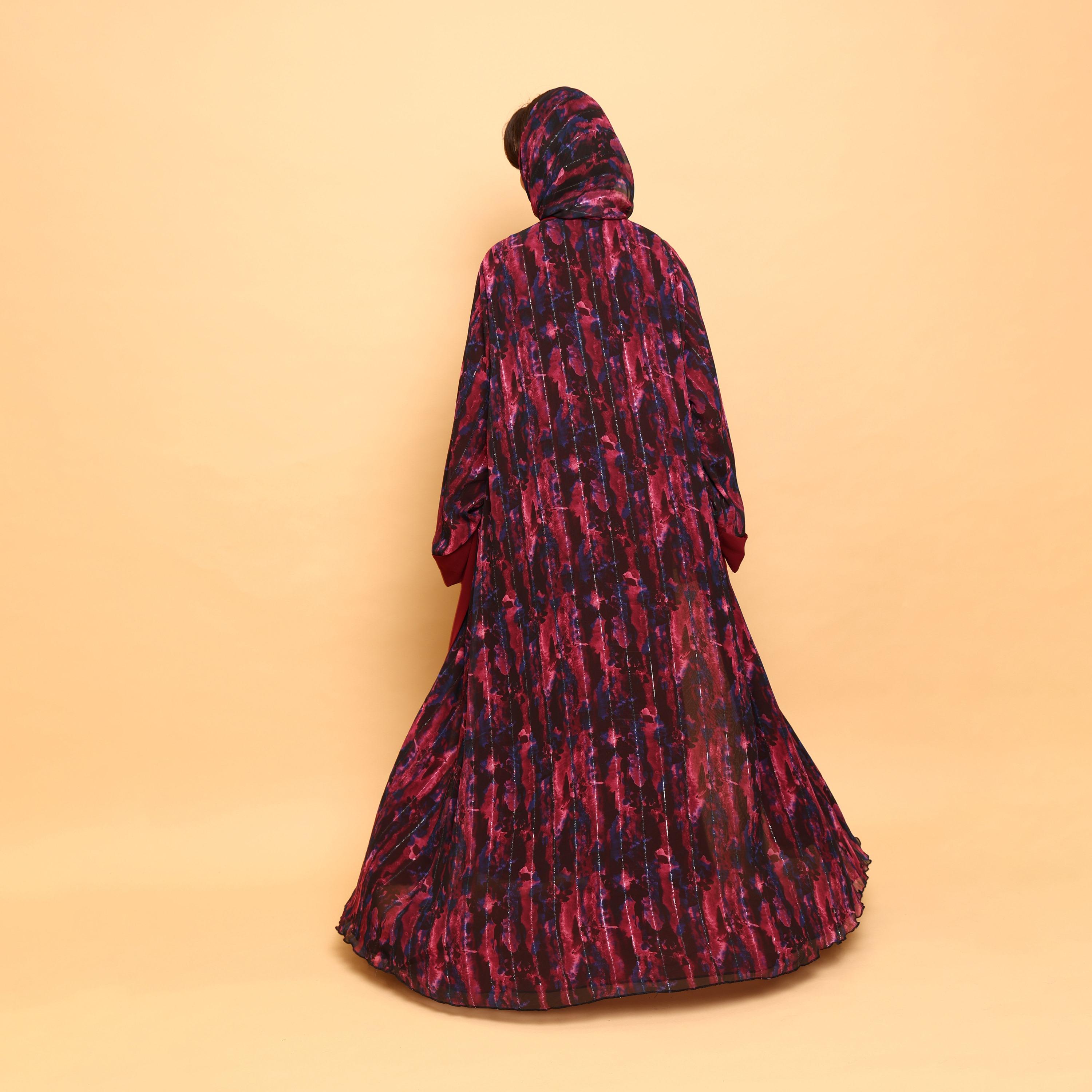 IKKXA Red Tie-Dye Wide Sleeves Double Chiffon Women's Abaya with Hijab-women-arabicclothing-abayas-image-4