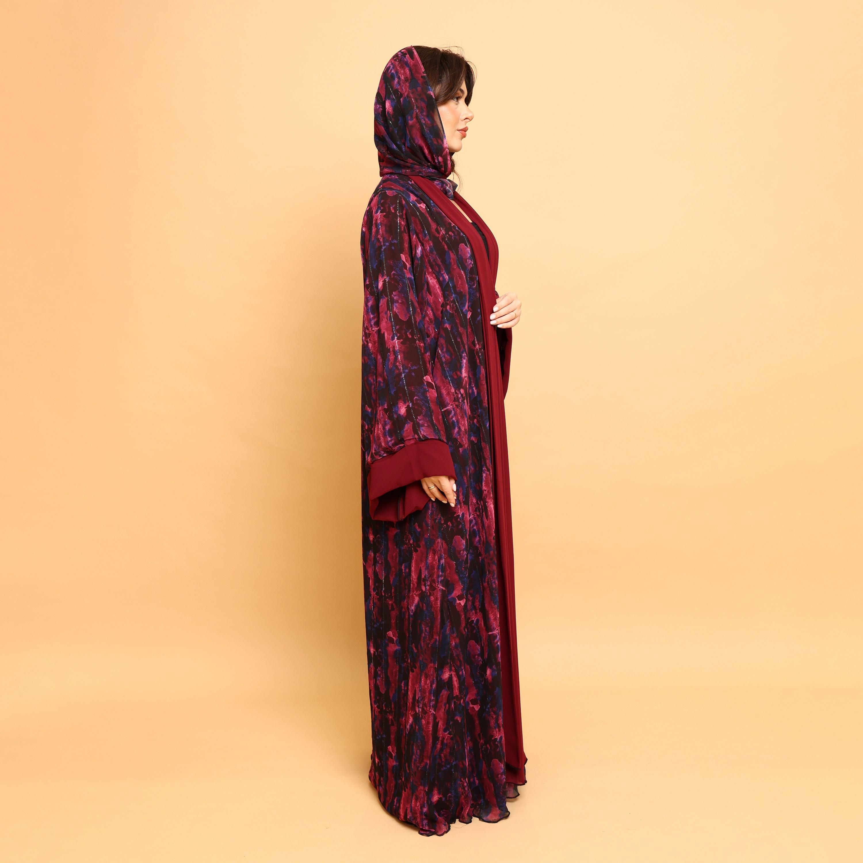 IKKXA Red Tie-Dye Wide Sleeves Double Chiffon Women's Abaya with Hijab-women-arabicclothing-abayas-image-5