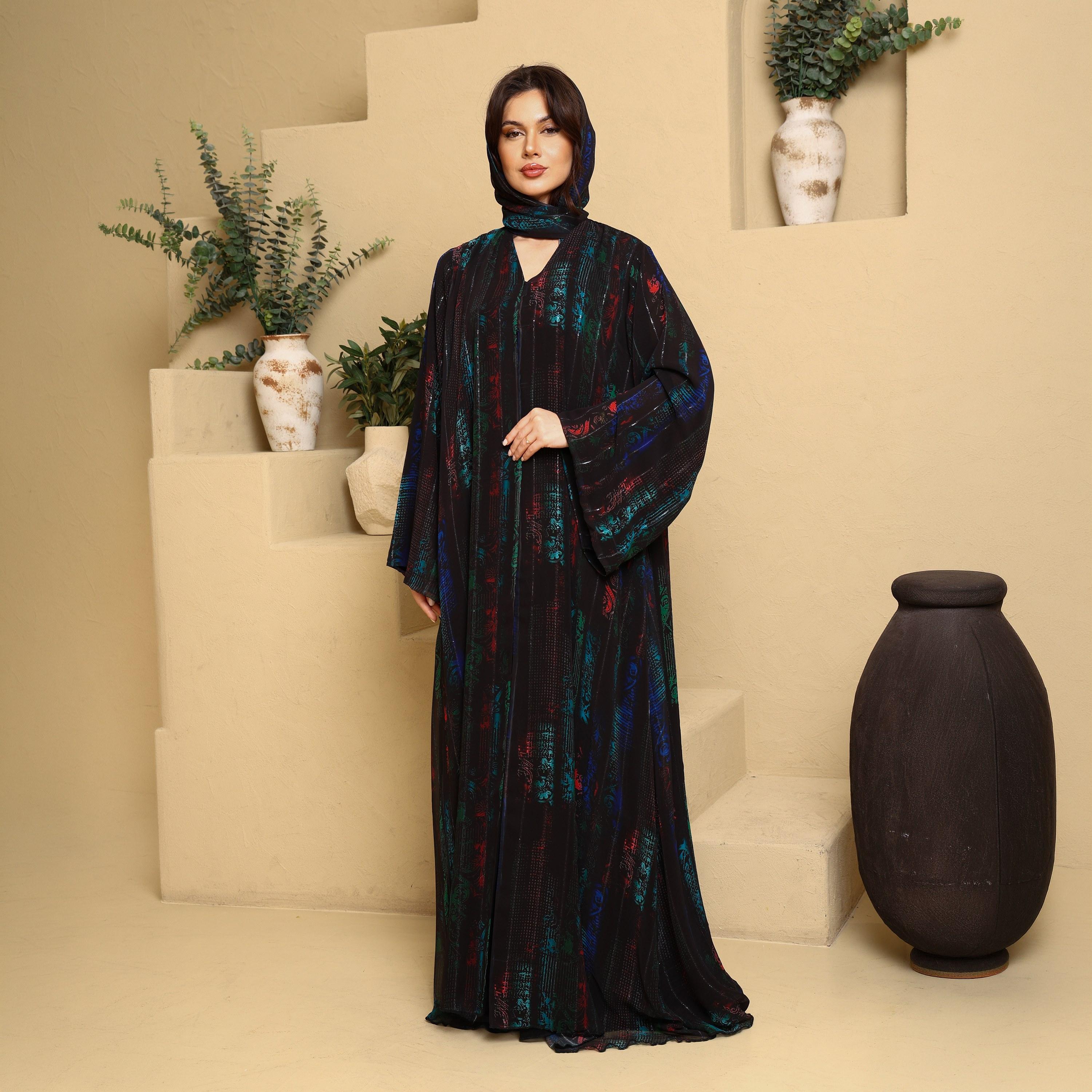 IKKXA Multicolour Abstract Print Wide Sleeves Double Chiffon Women's Abaya with Hijab-women-arabicclothing-abayas-image-1