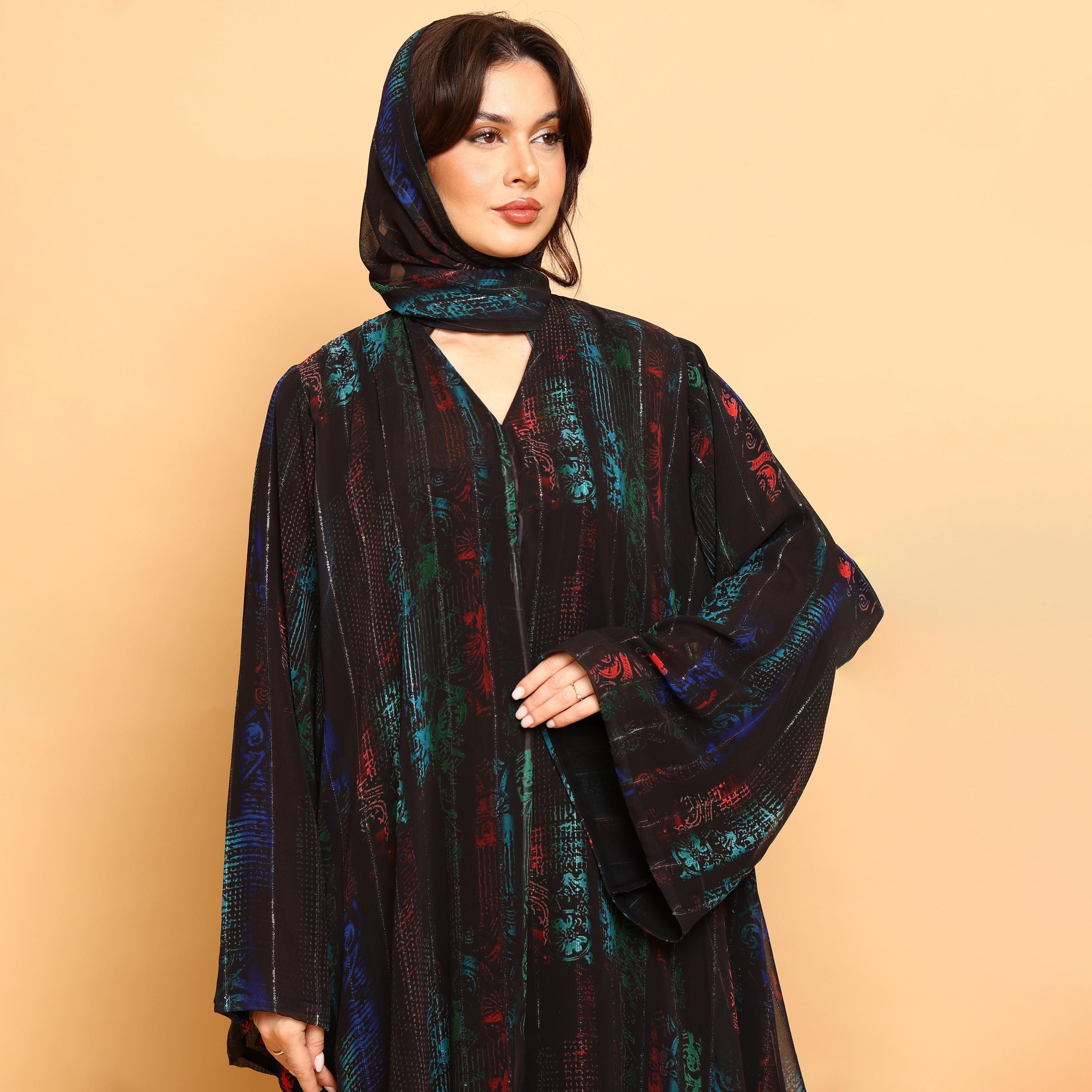 IKKXA Multicolour Abstract Print Wide Sleeves Double Chiffon Women's Abaya with Hijab-women-arabicclothing-abayas-image-2