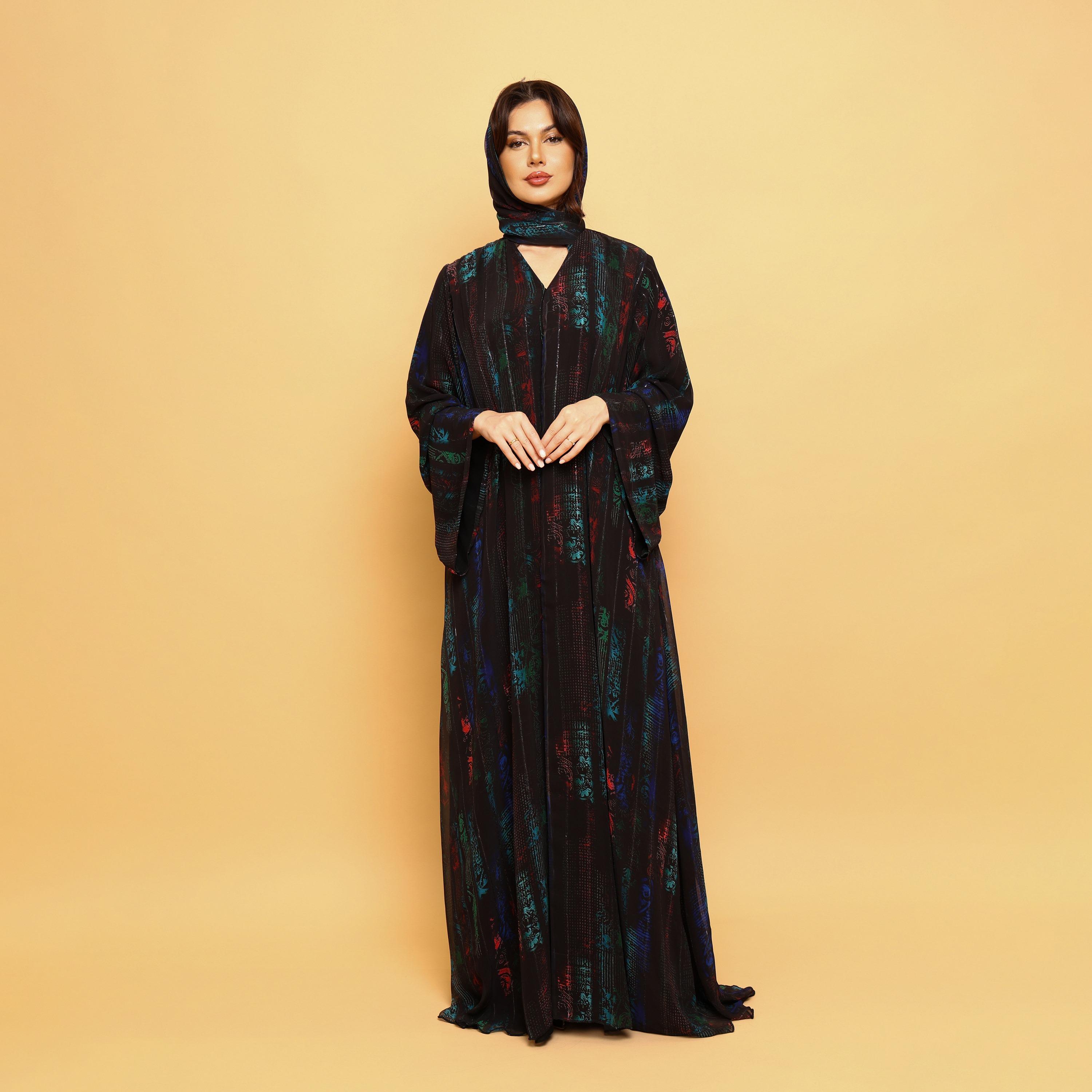 IKKXA Multicolour Abstract Print Wide Sleeves Double Chiffon Women's Abaya with Hijab-women-arabicclothing-abayas-image-3