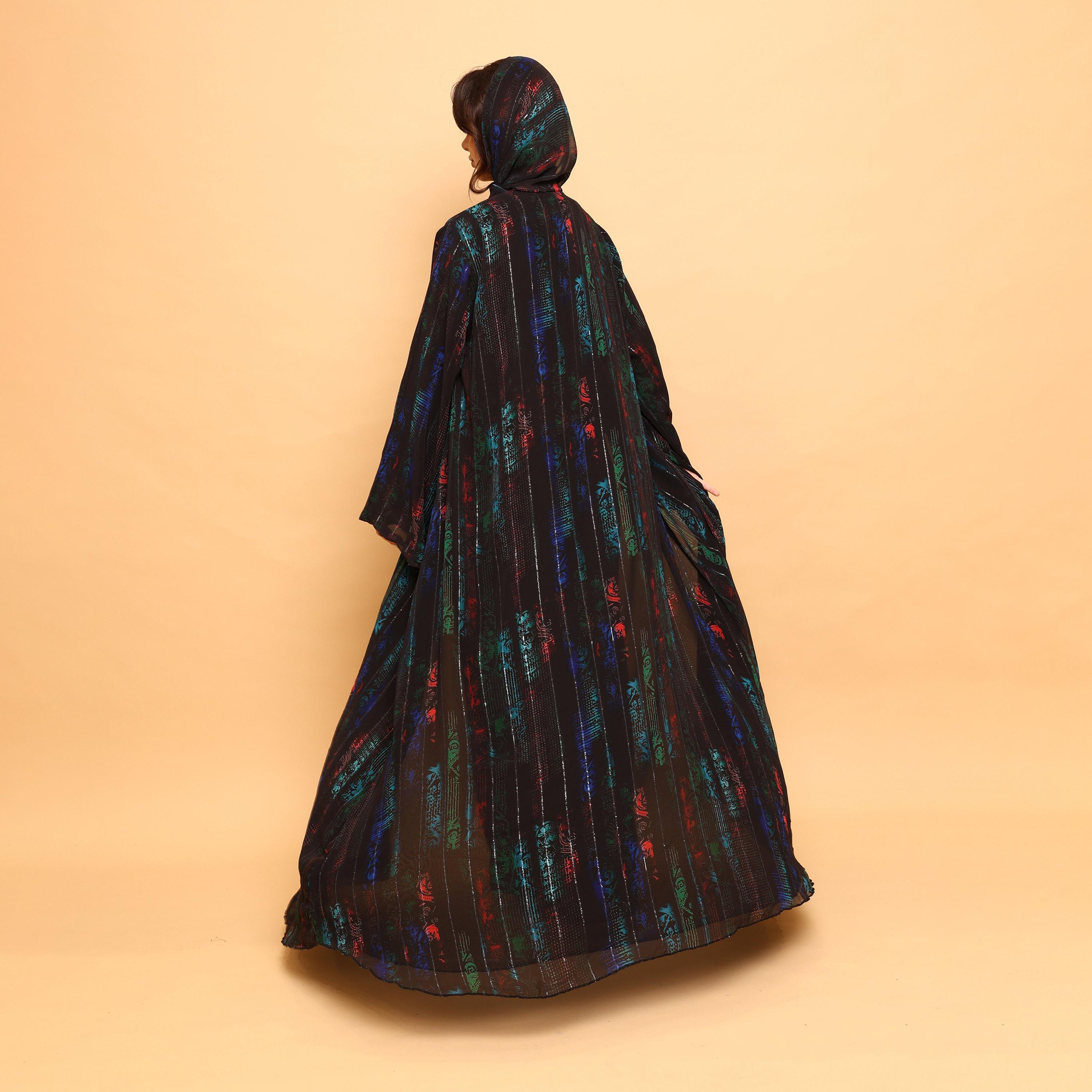 IKKXA Multicolour Abstract Print Wide Sleeves Double Chiffon Women's Abaya with Hijab-women-arabicclothing-abayas-image-4