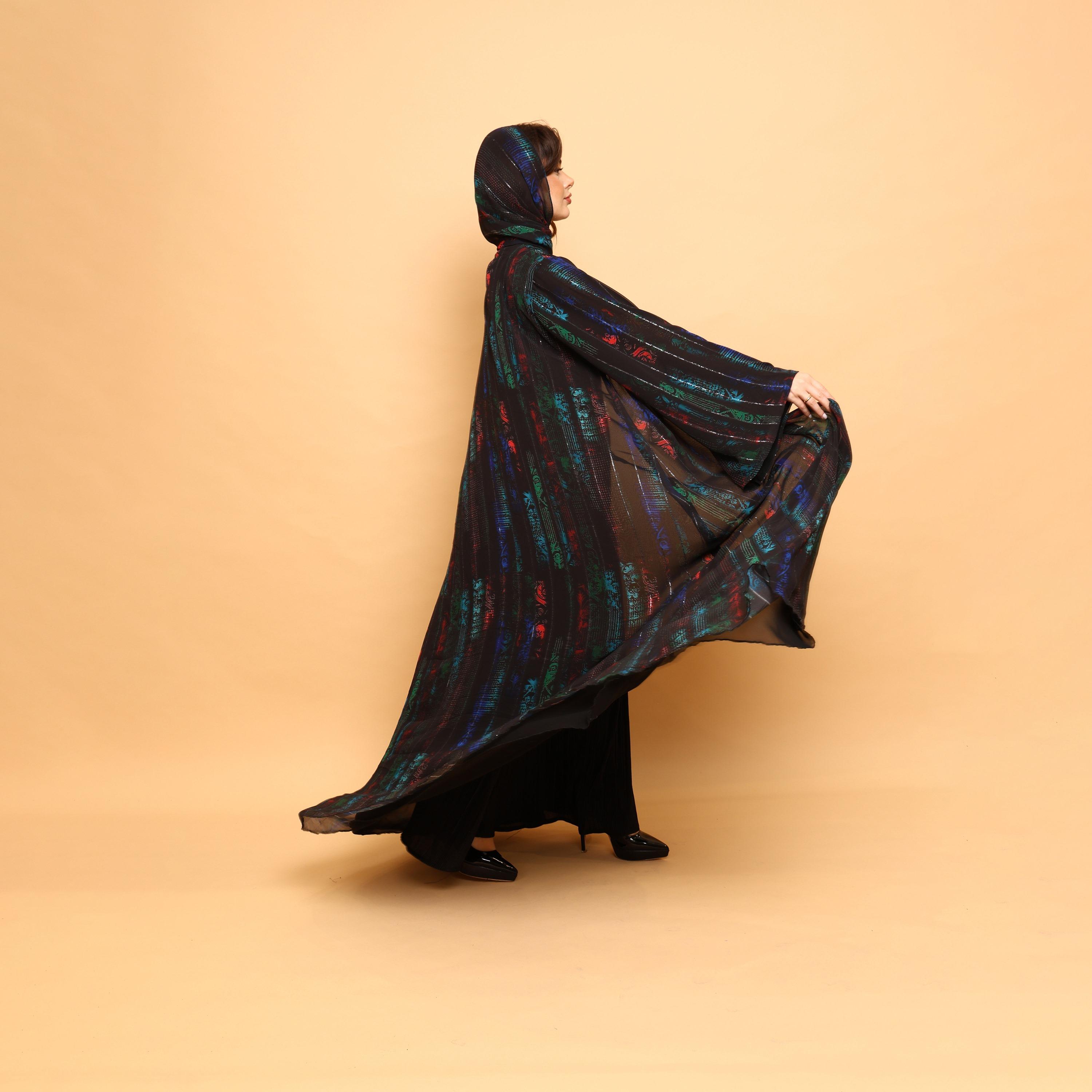 IKKXA Multicolour Abstract Print Wide Sleeves Double Chiffon Women's Abaya with Hijab-women-arabicclothing-abayas-image-5